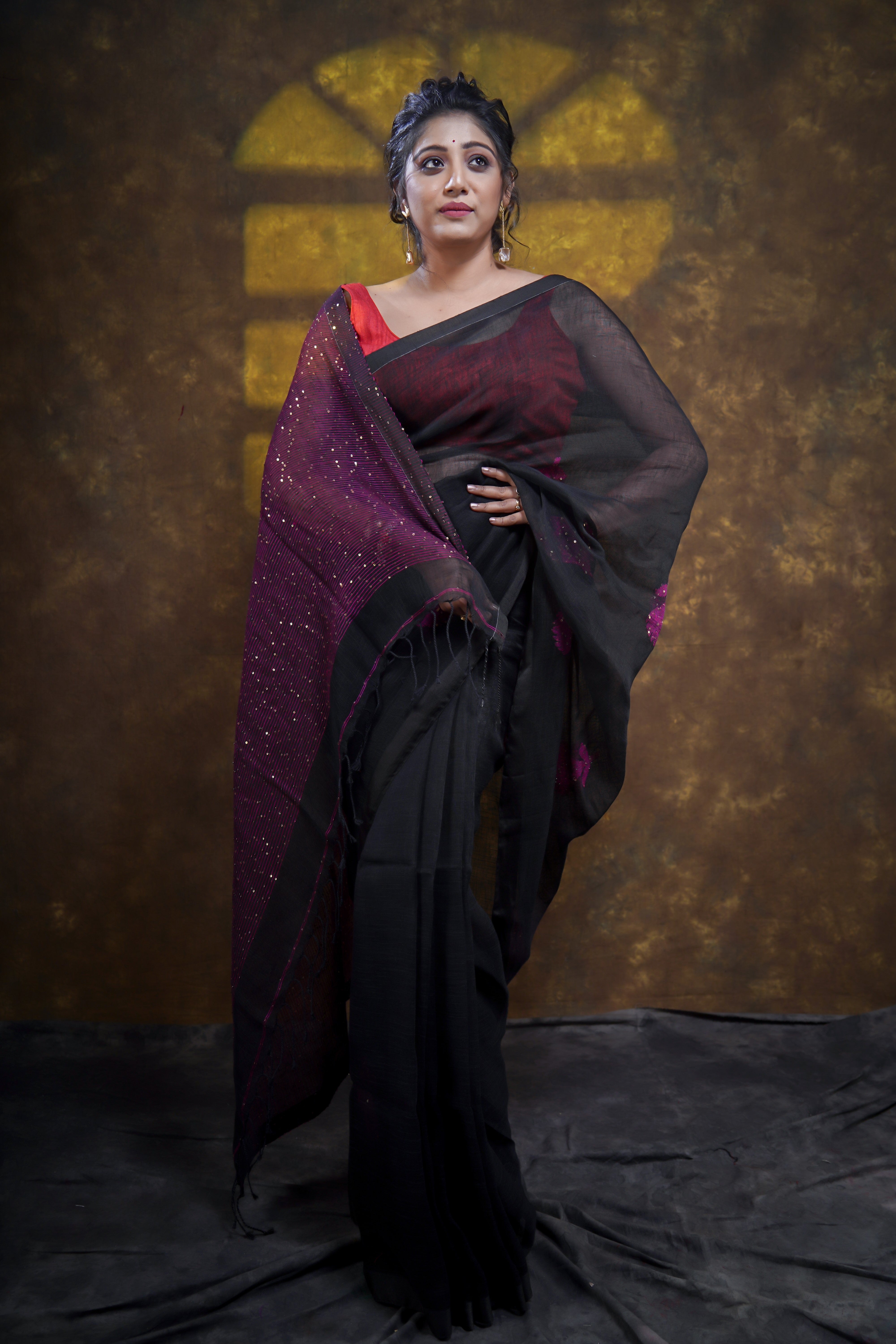 Black Rose Handwoven Linen Saree with Sequence Work