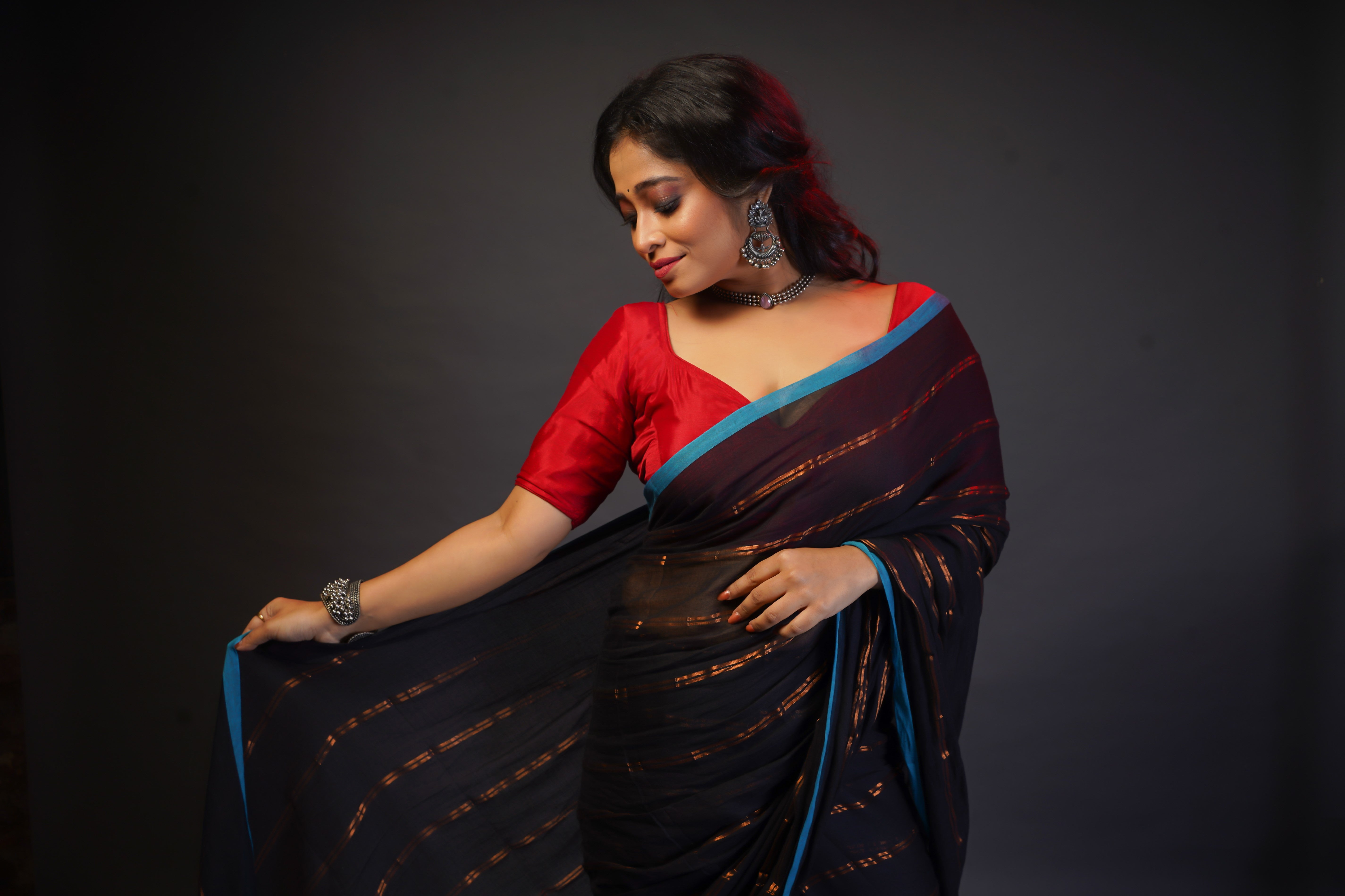 Black striped mulmul cotton saree