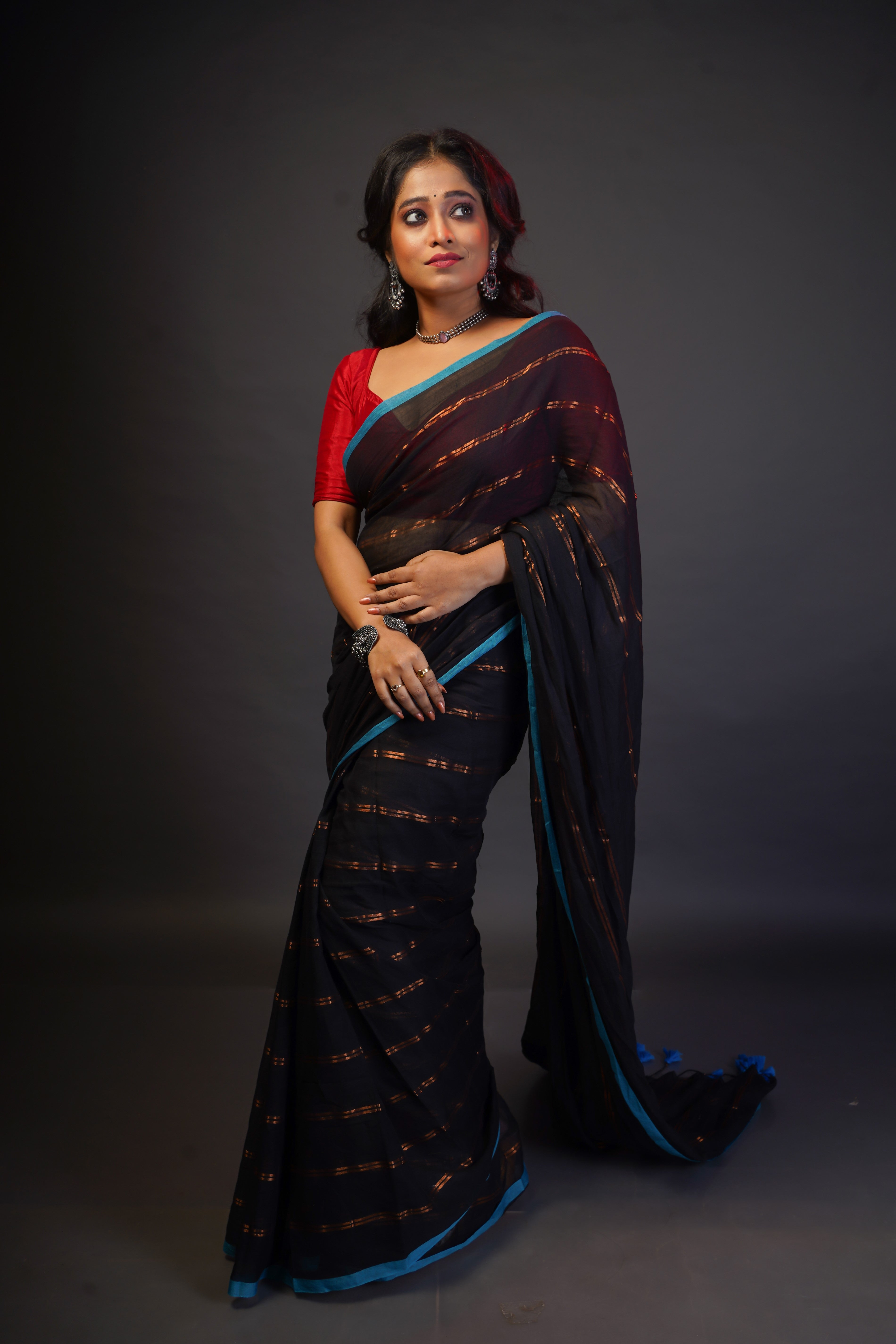 Black striped mulmul cotton saree