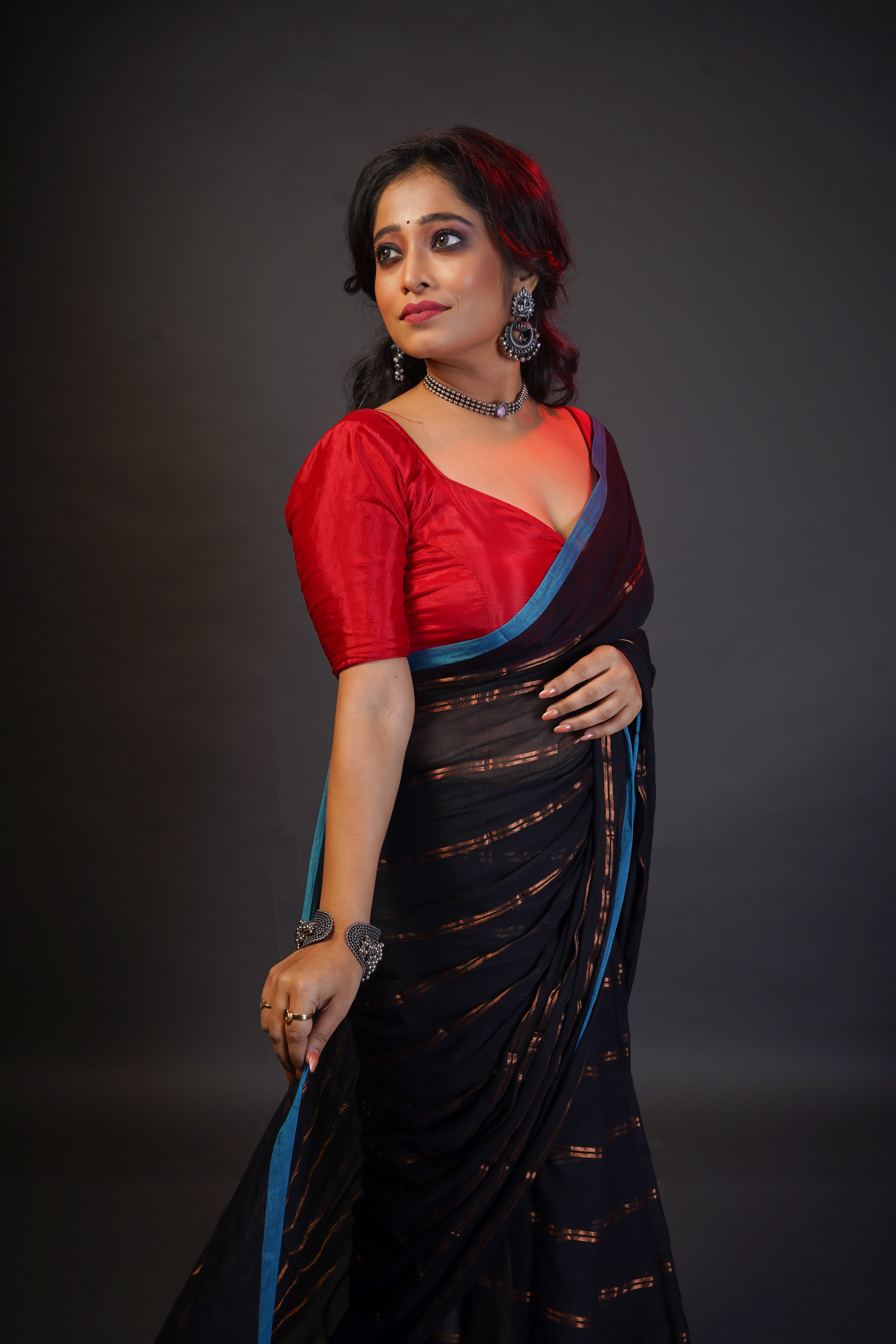 Black striped mulmul cotton saree