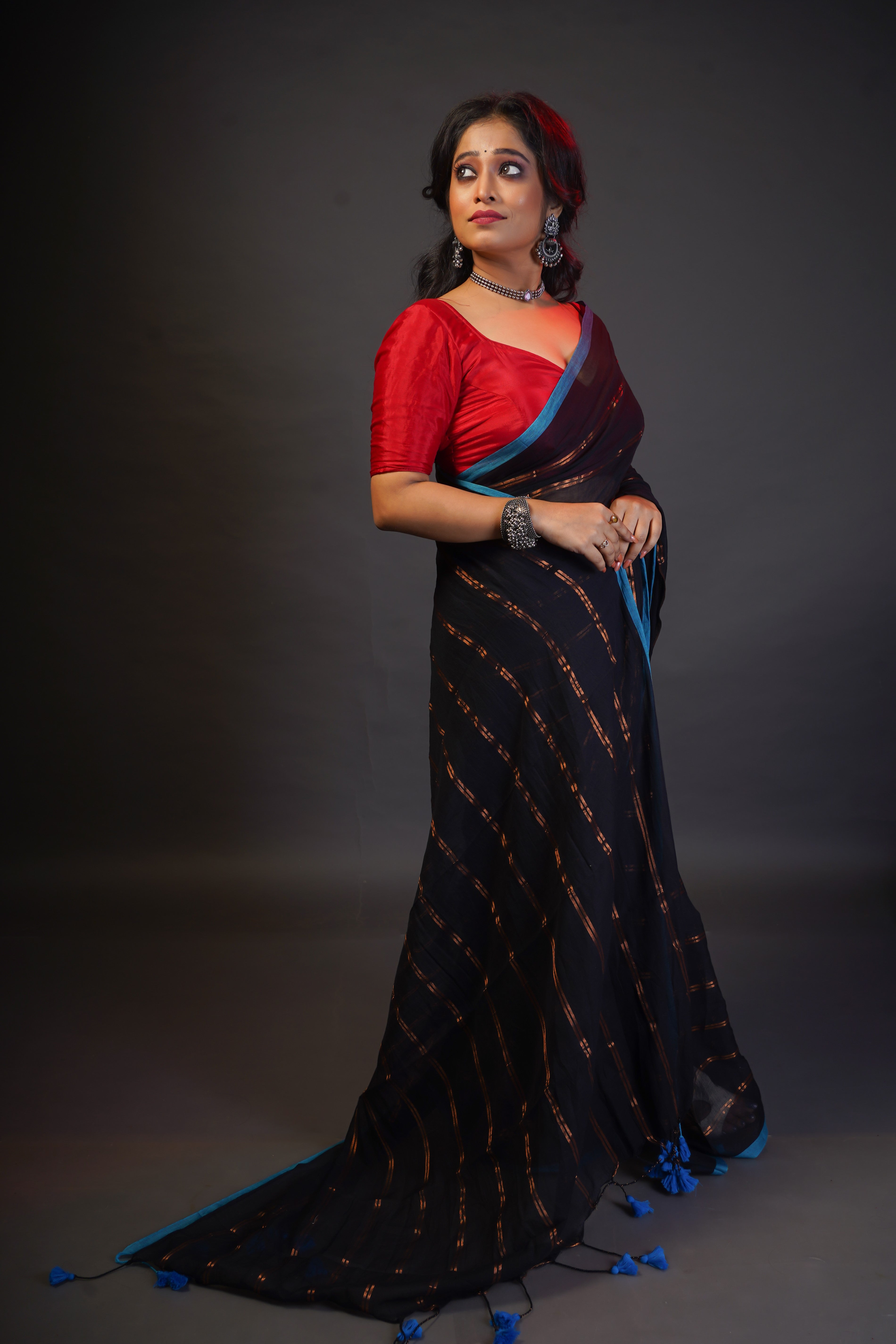 Black striped mulmul cotton saree