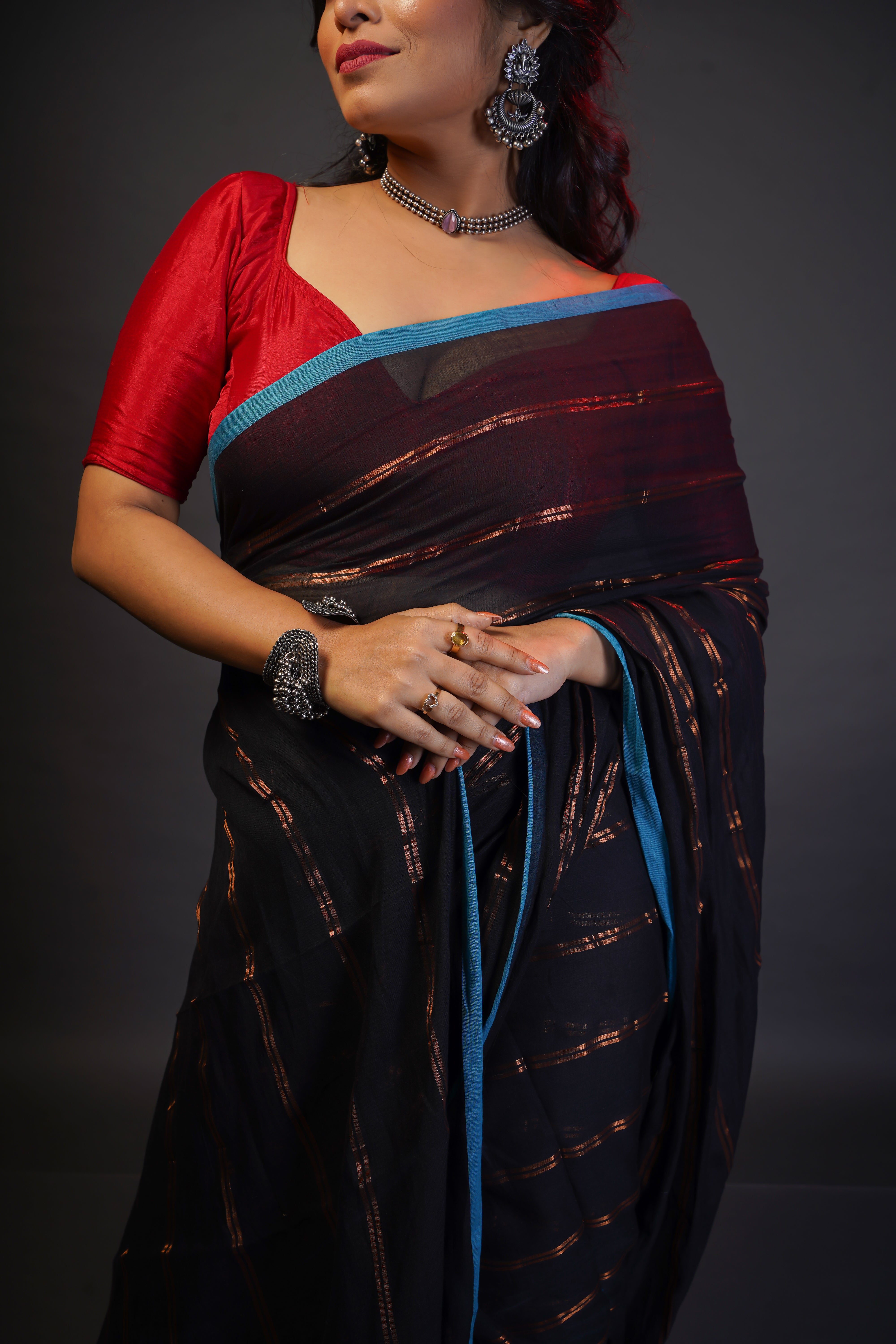 Black striped mulmul cotton saree