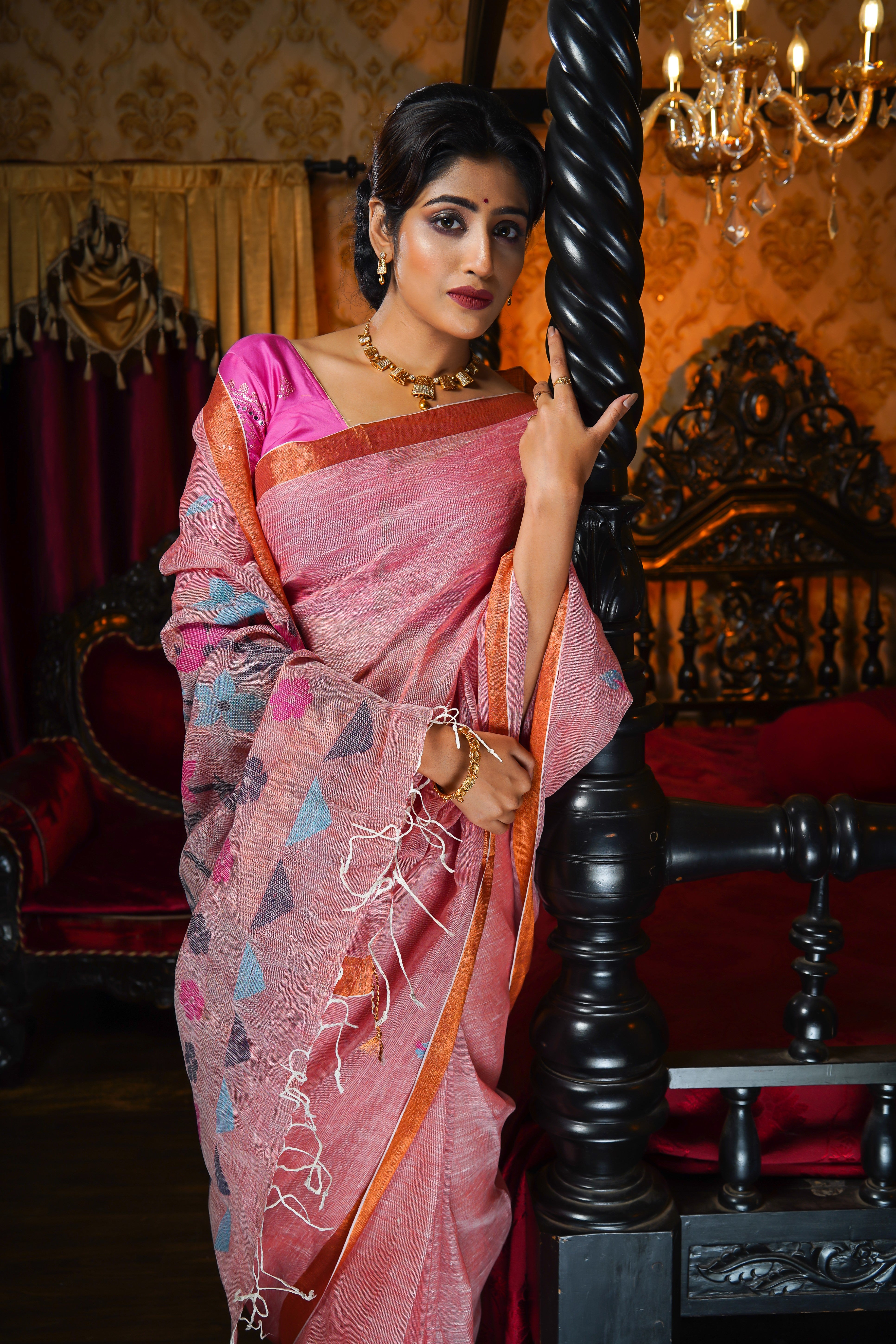 Blushing Peach Pure Linen Handwoven Jamdani Saree