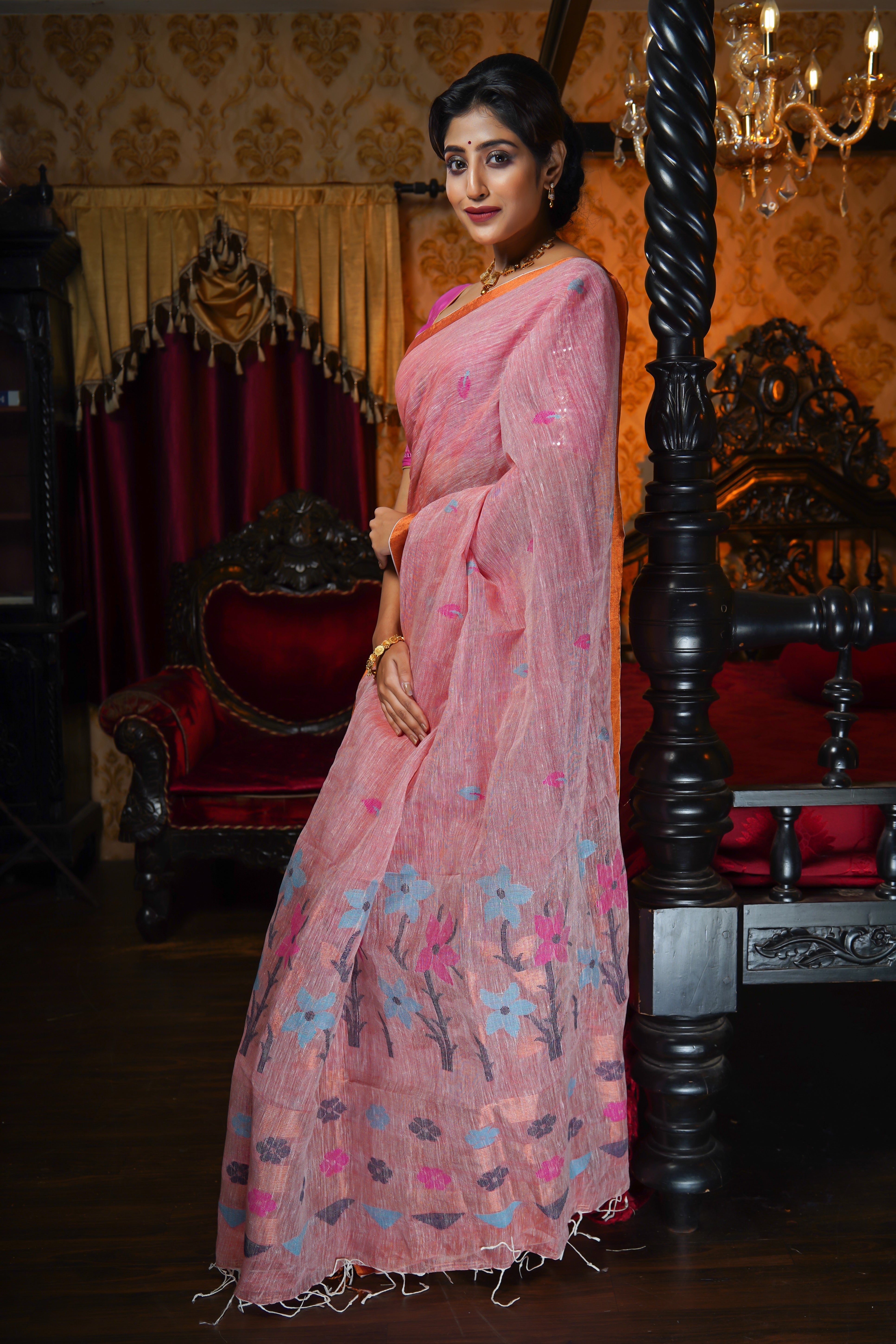 Blushing Peach Pure Linen Handwoven Jamdani Saree