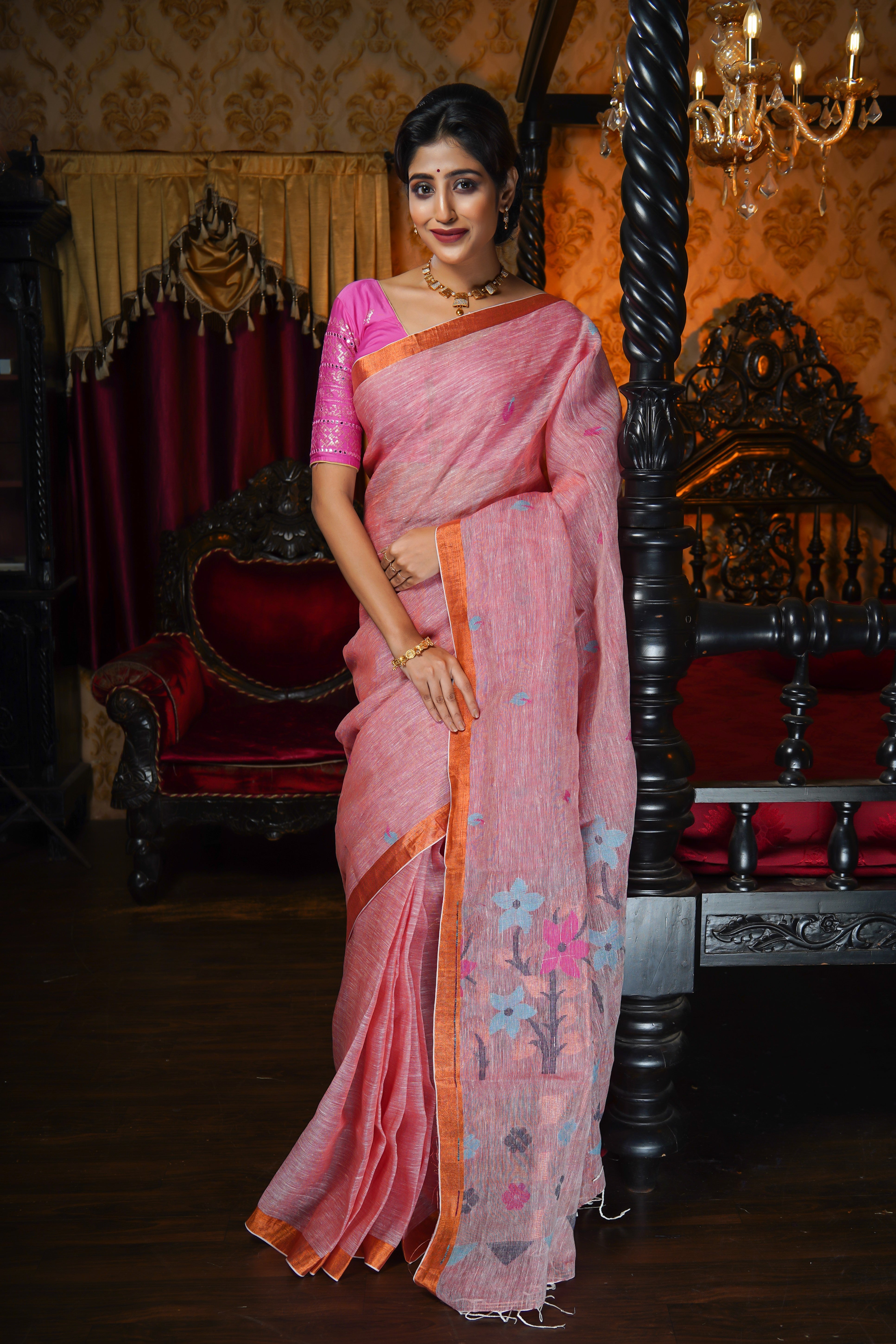 Blushing Peach Pure Linen Handwoven Jamdani Saree