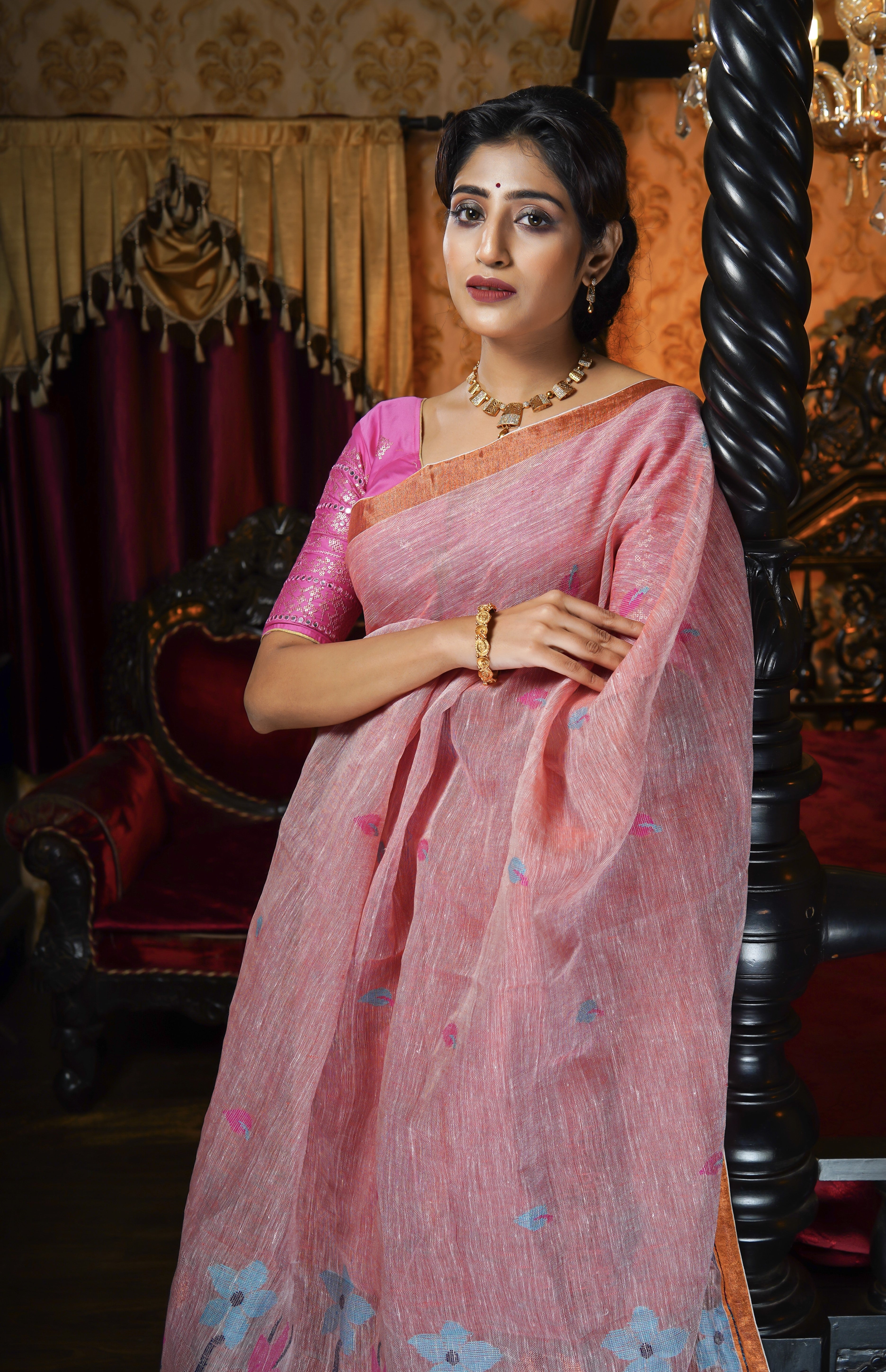 Blushing Peach Pure Linen Handwoven Jamdani Saree