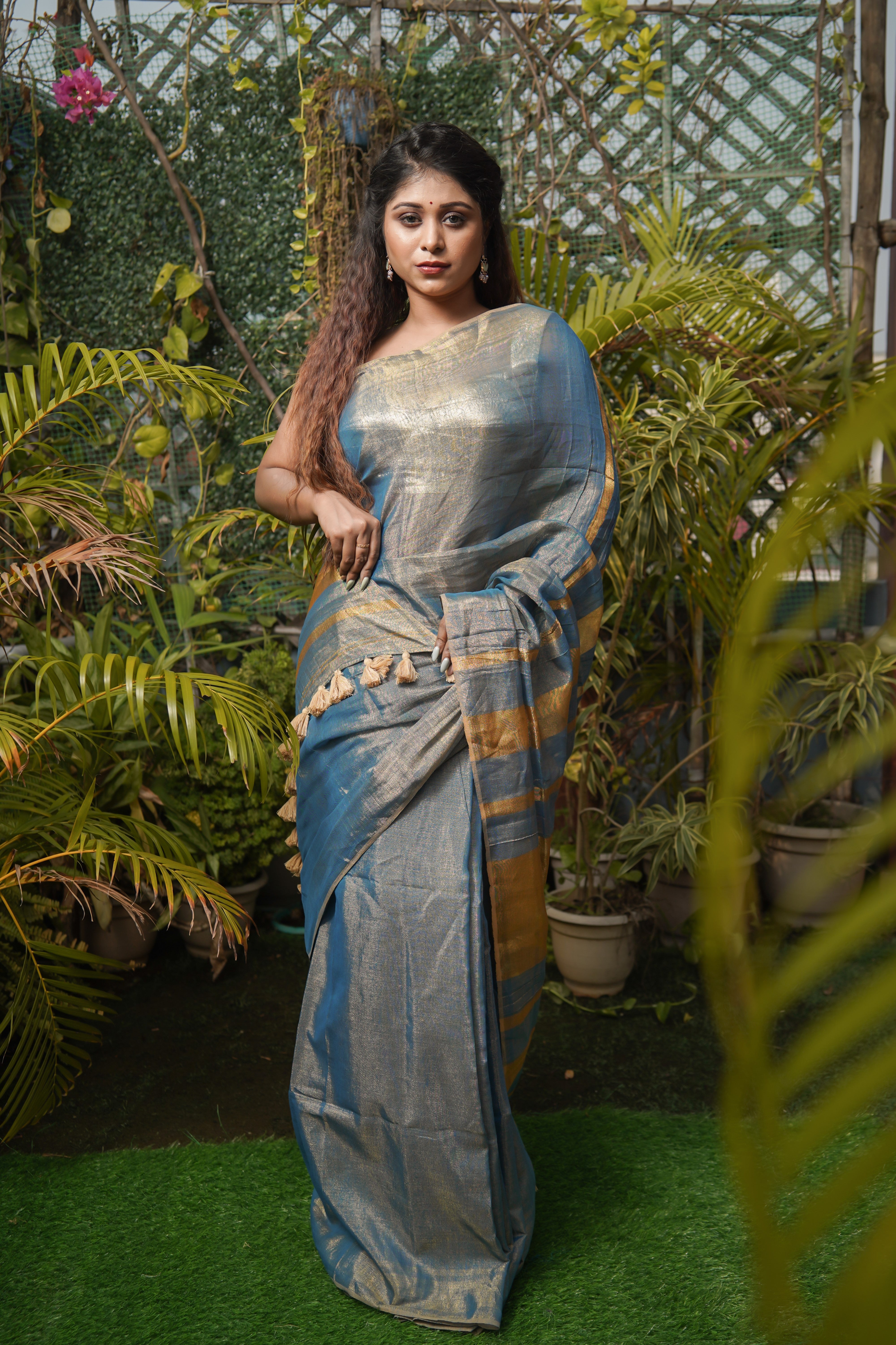 Blue Dual Tone Pure Tissue Linen Saree