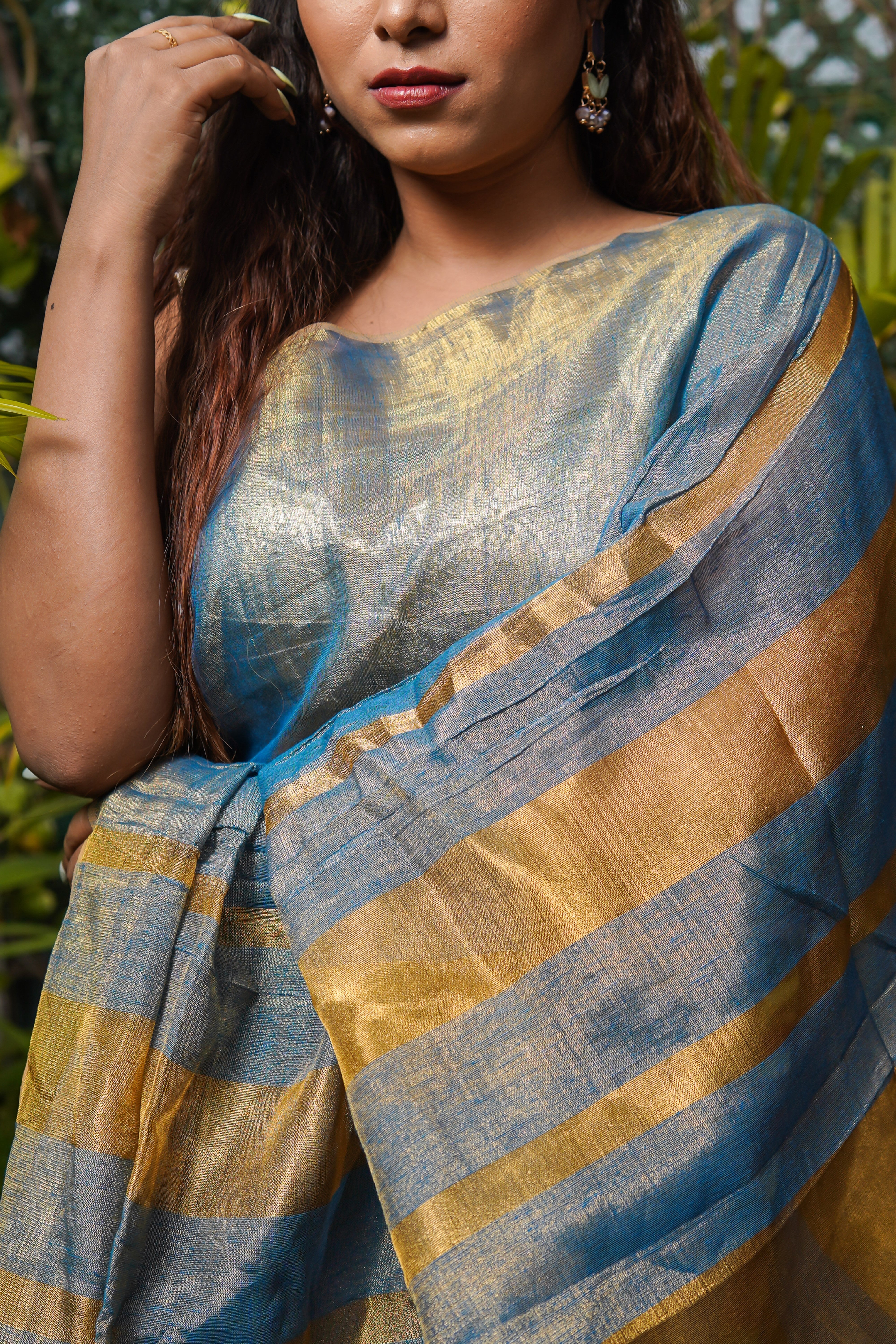 Blue Dual Tone Pure Tissue Linen Saree