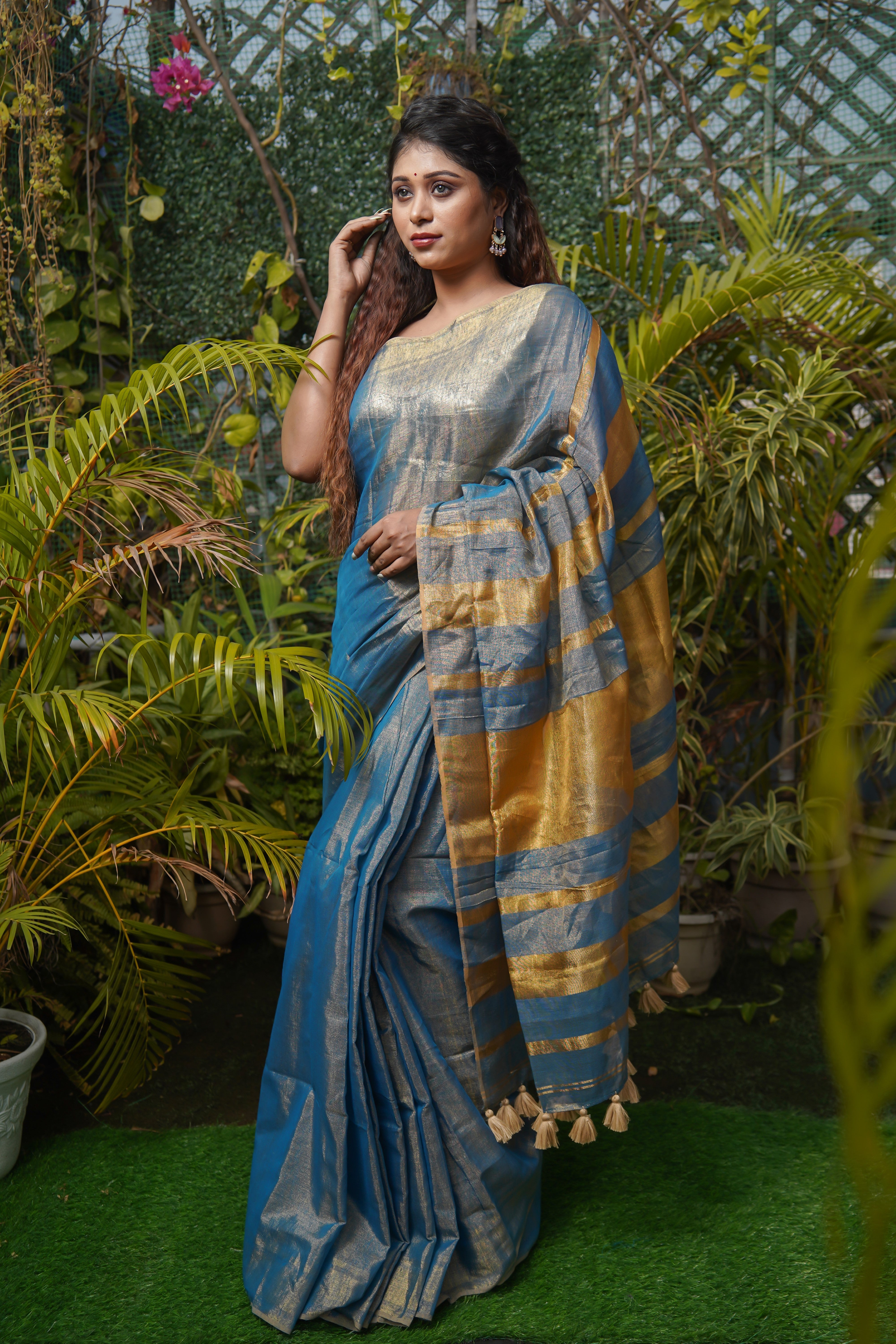 Blue Dual Tone Pure Tissue Linen Saree