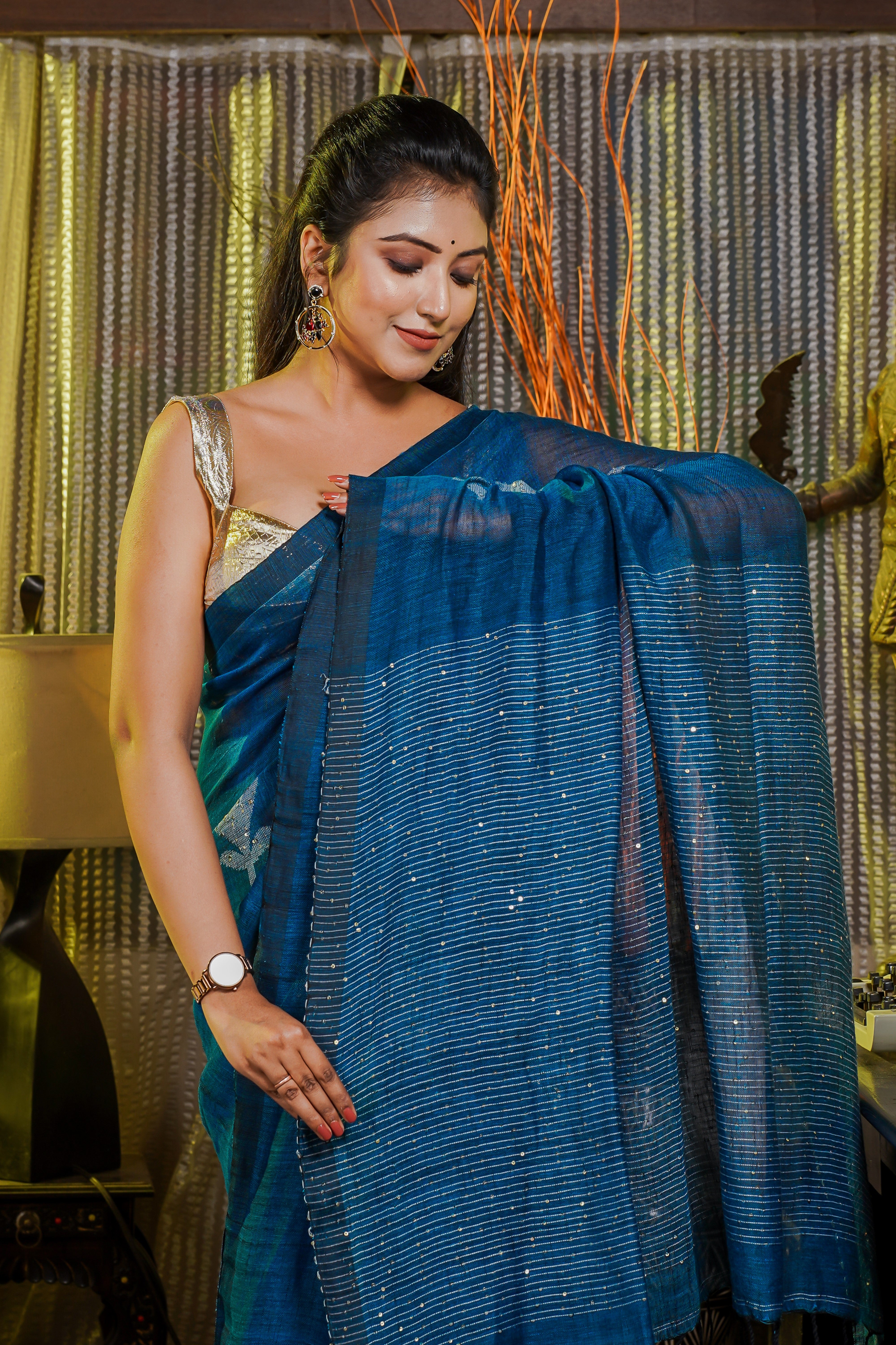 Blue Handwoven Linen Saree with Sequence Work