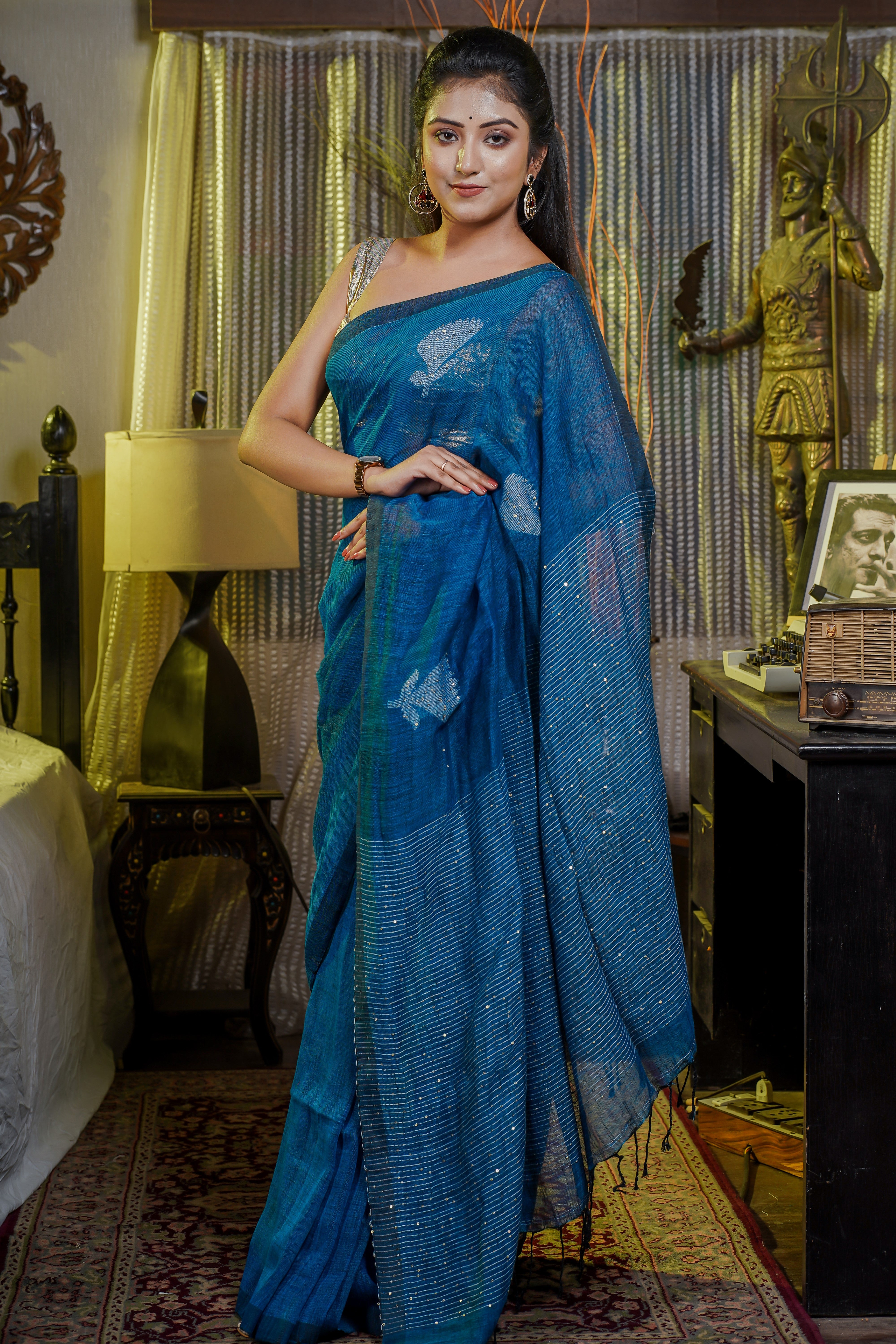 Blue Handwoven Linen Saree with Sequence Work