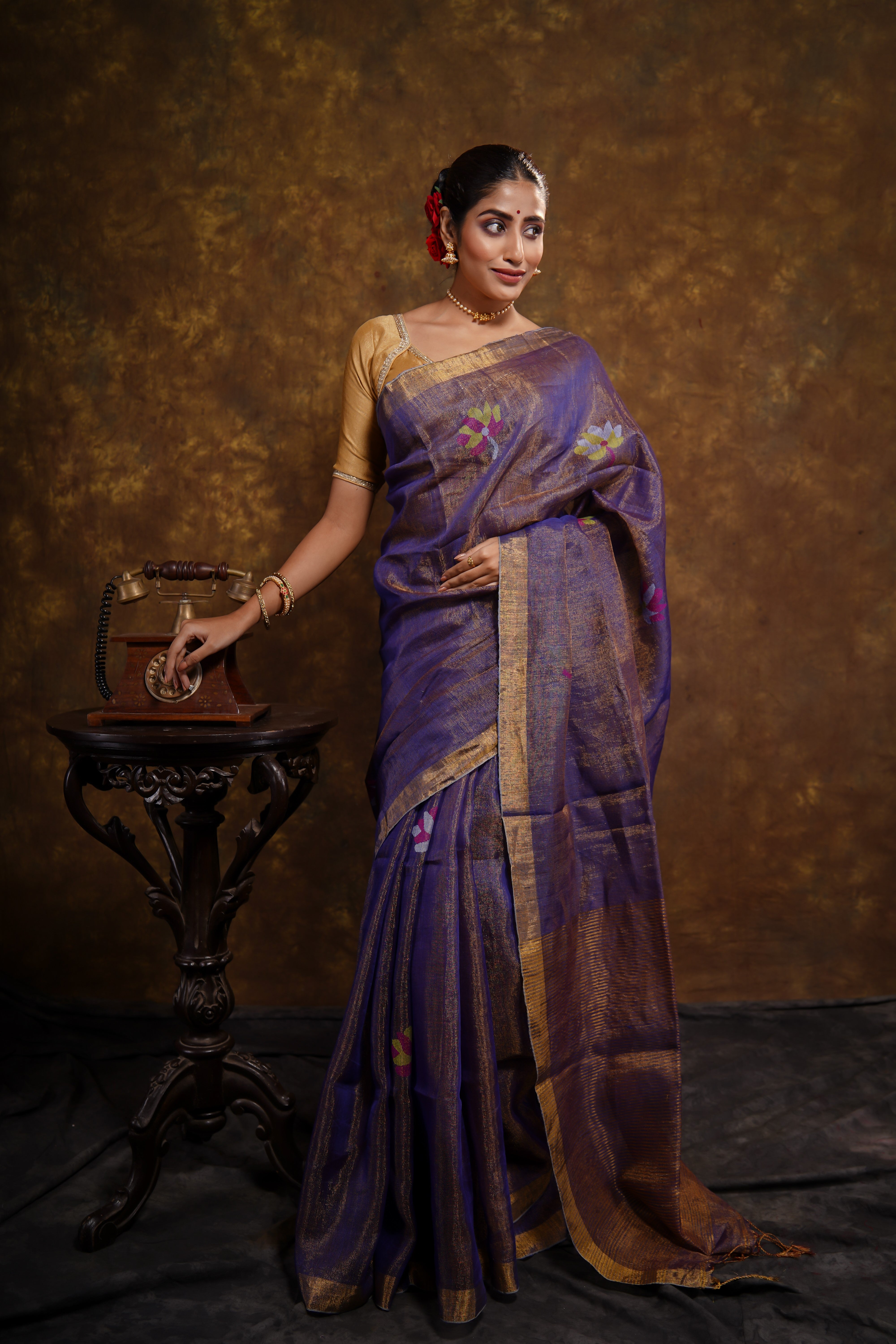 Blue Lilac floral tissue linen handwoven saree