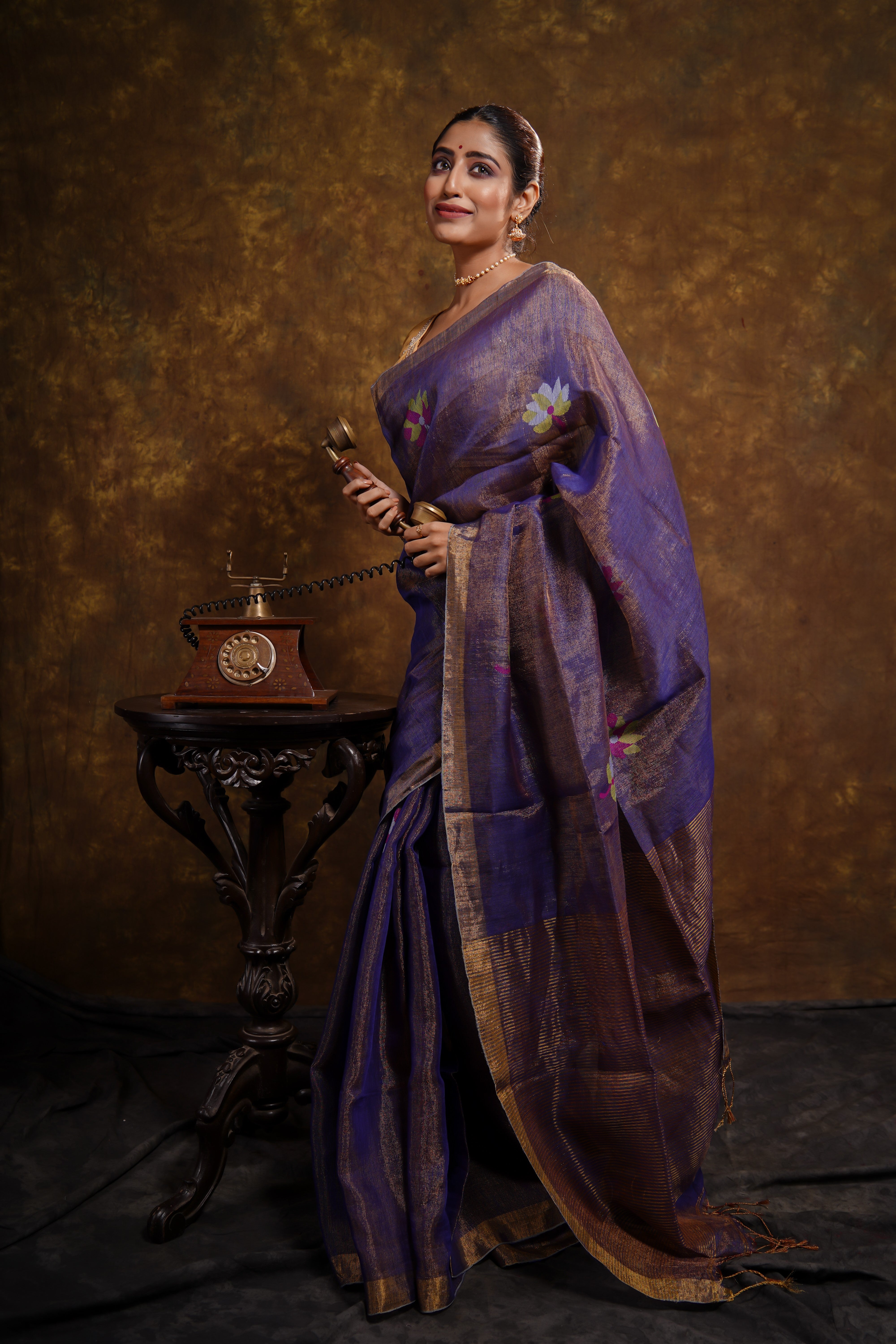 Blue Lilac floral tissue linen handwoven saree