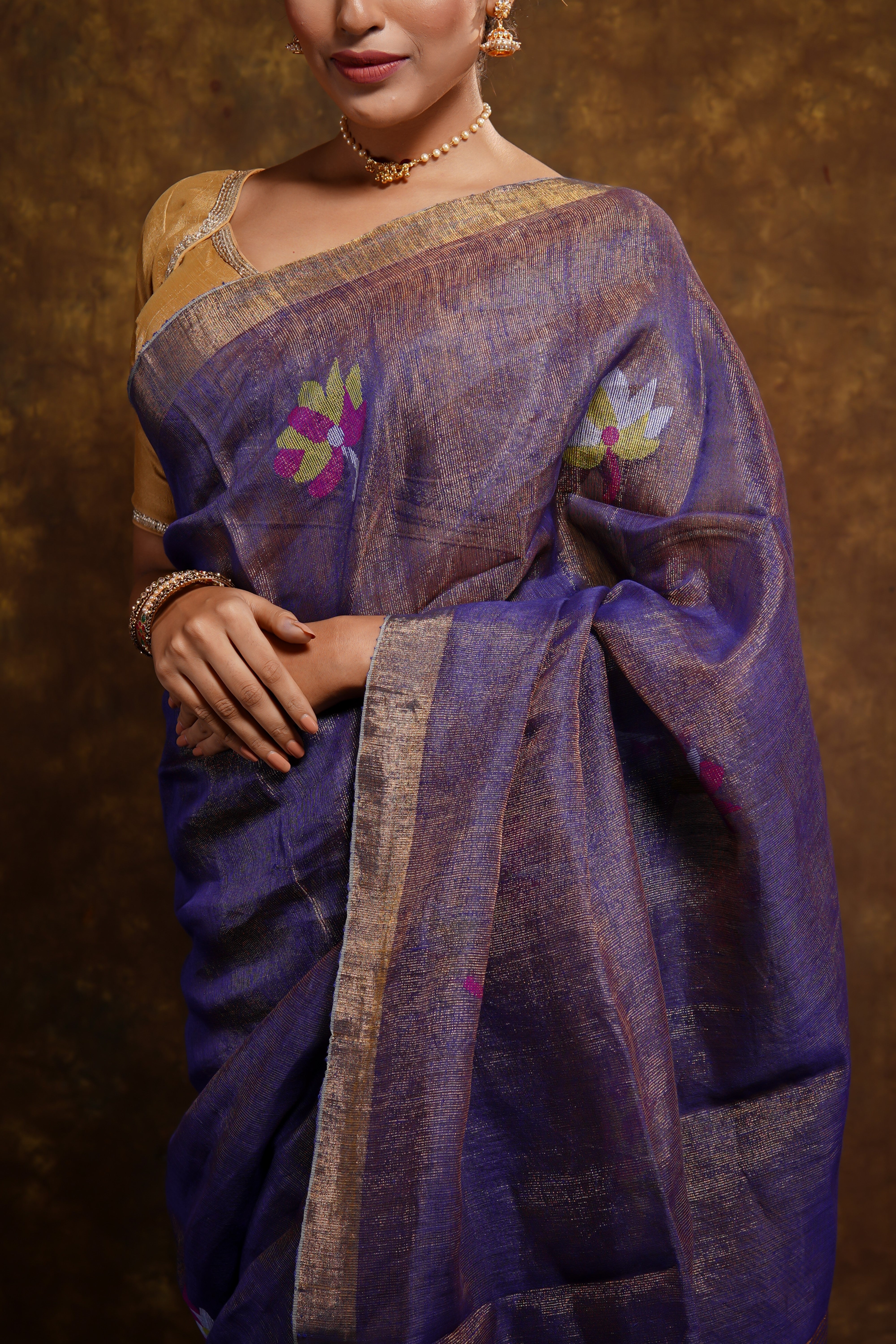 Blue Lilac floral tissue linen handwoven saree