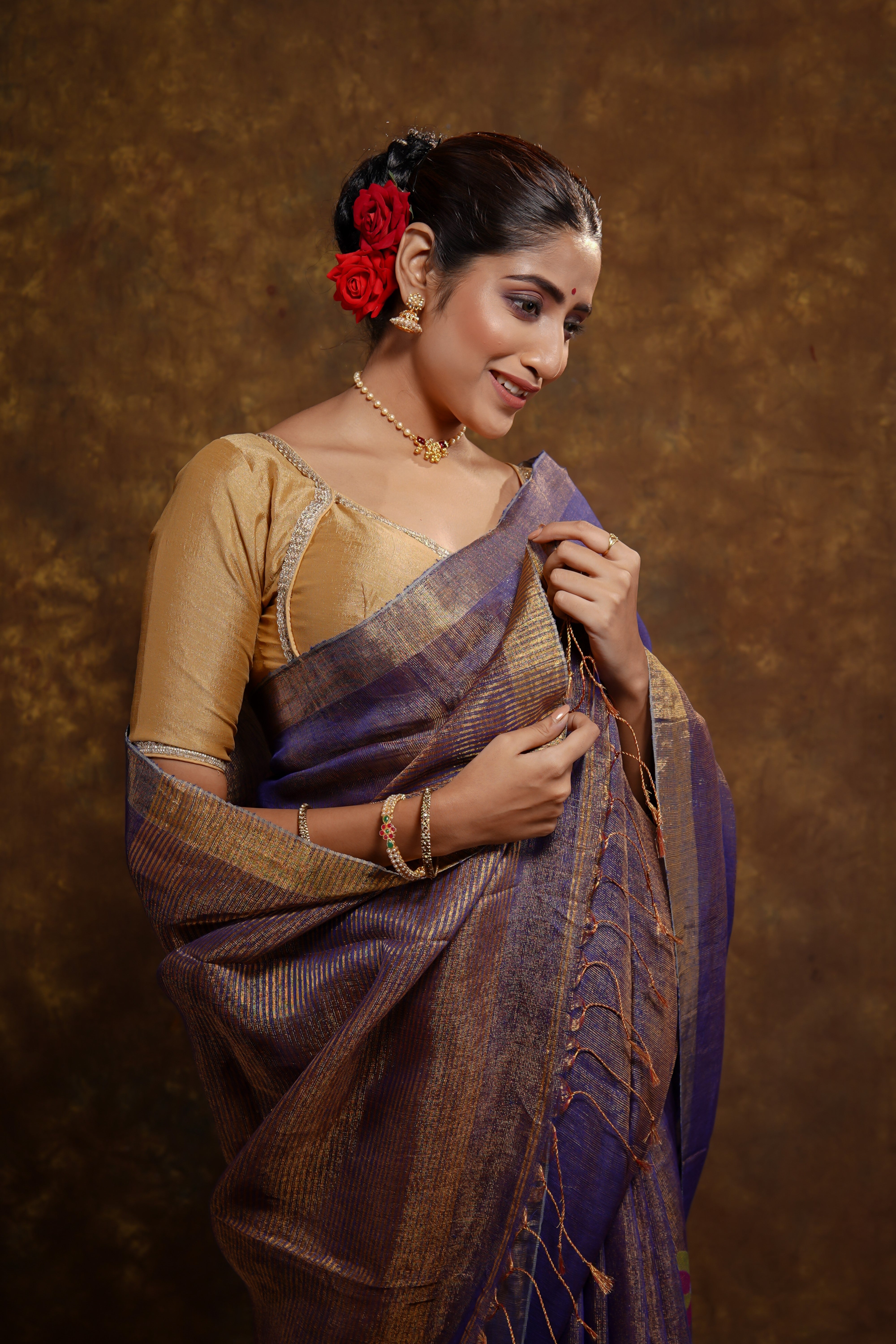 Blue Lilac floral tissue linen handwoven saree