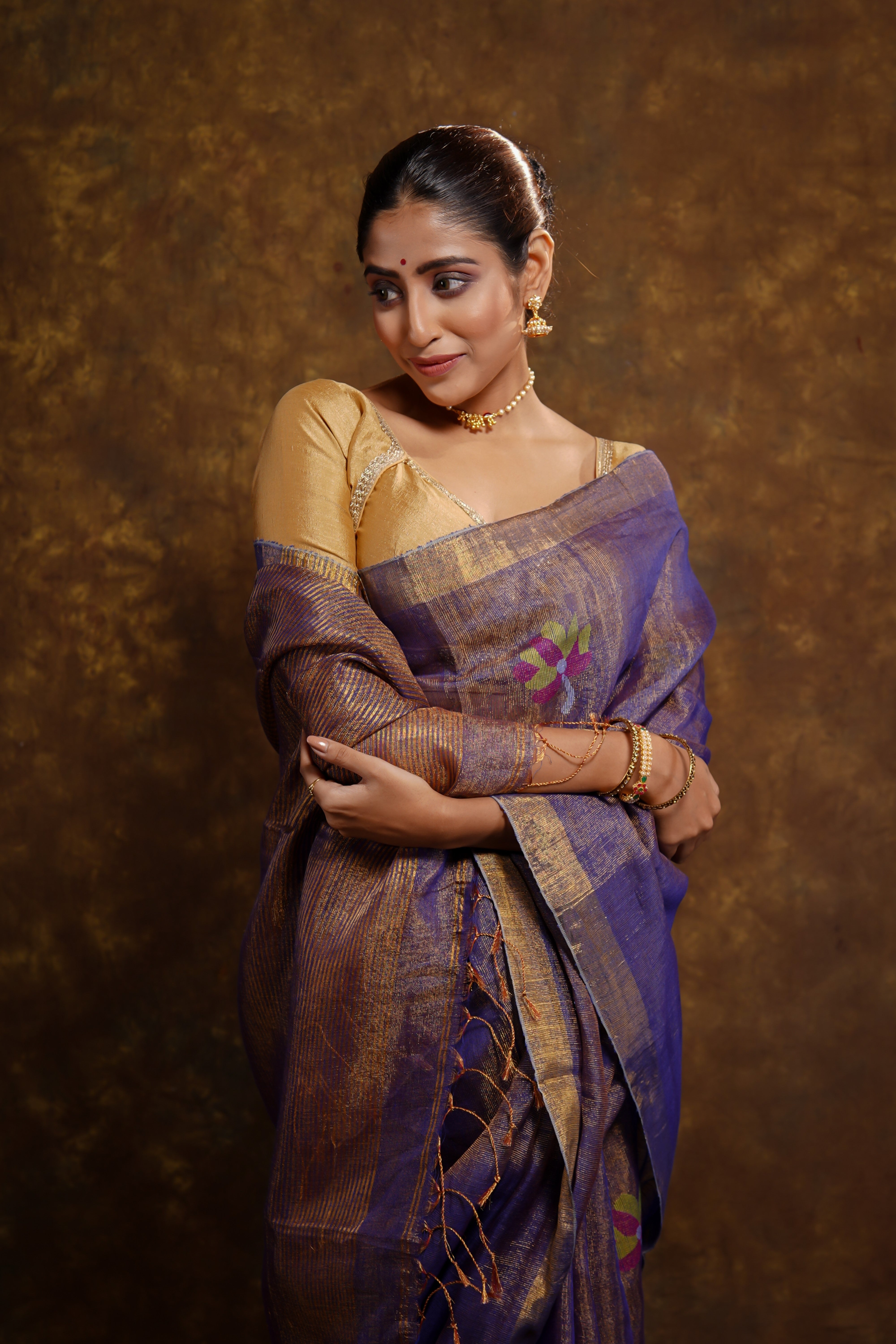 Blue Lilac floral tissue linen handwoven saree