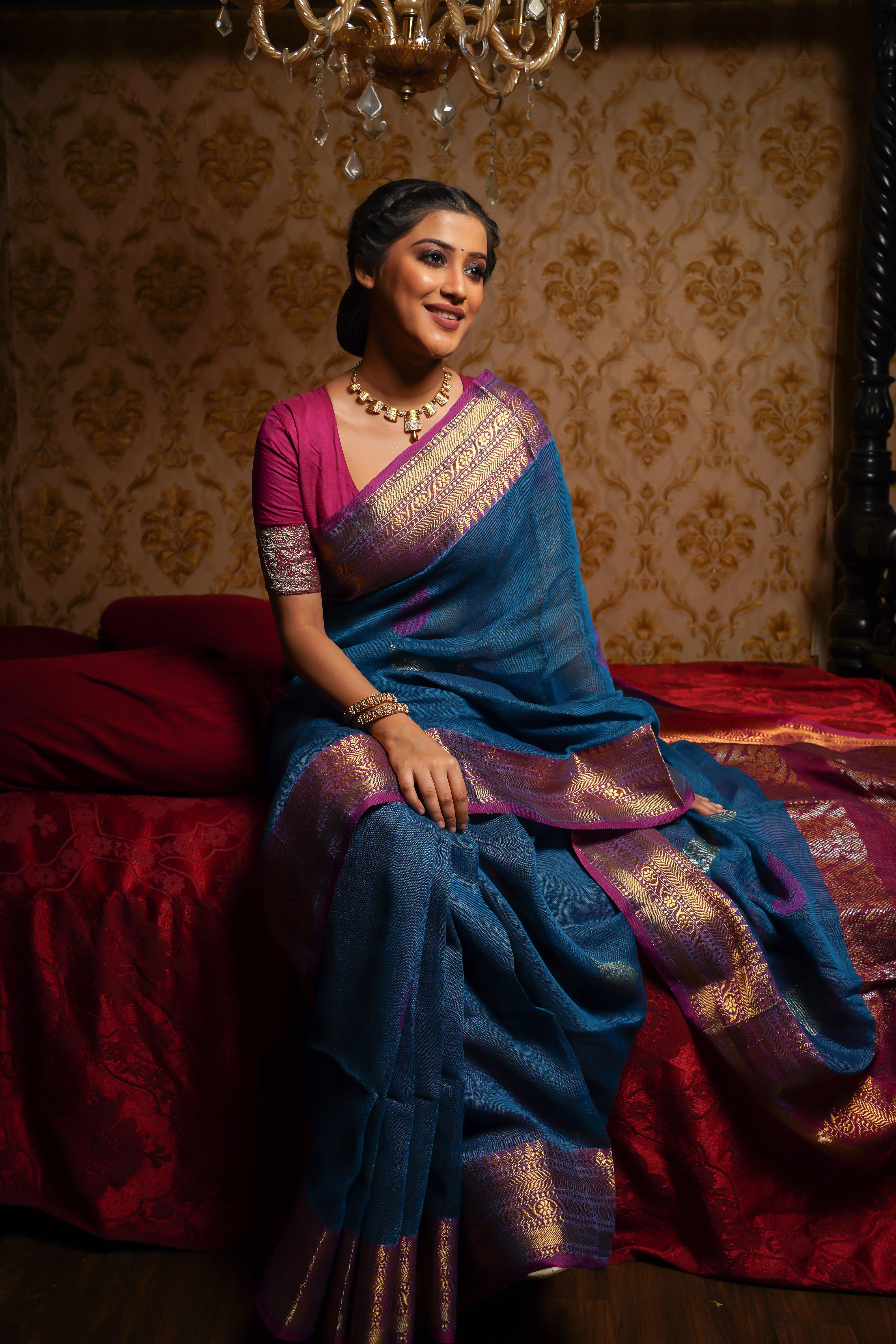 Blue & purple handwoven linen jamdani saree