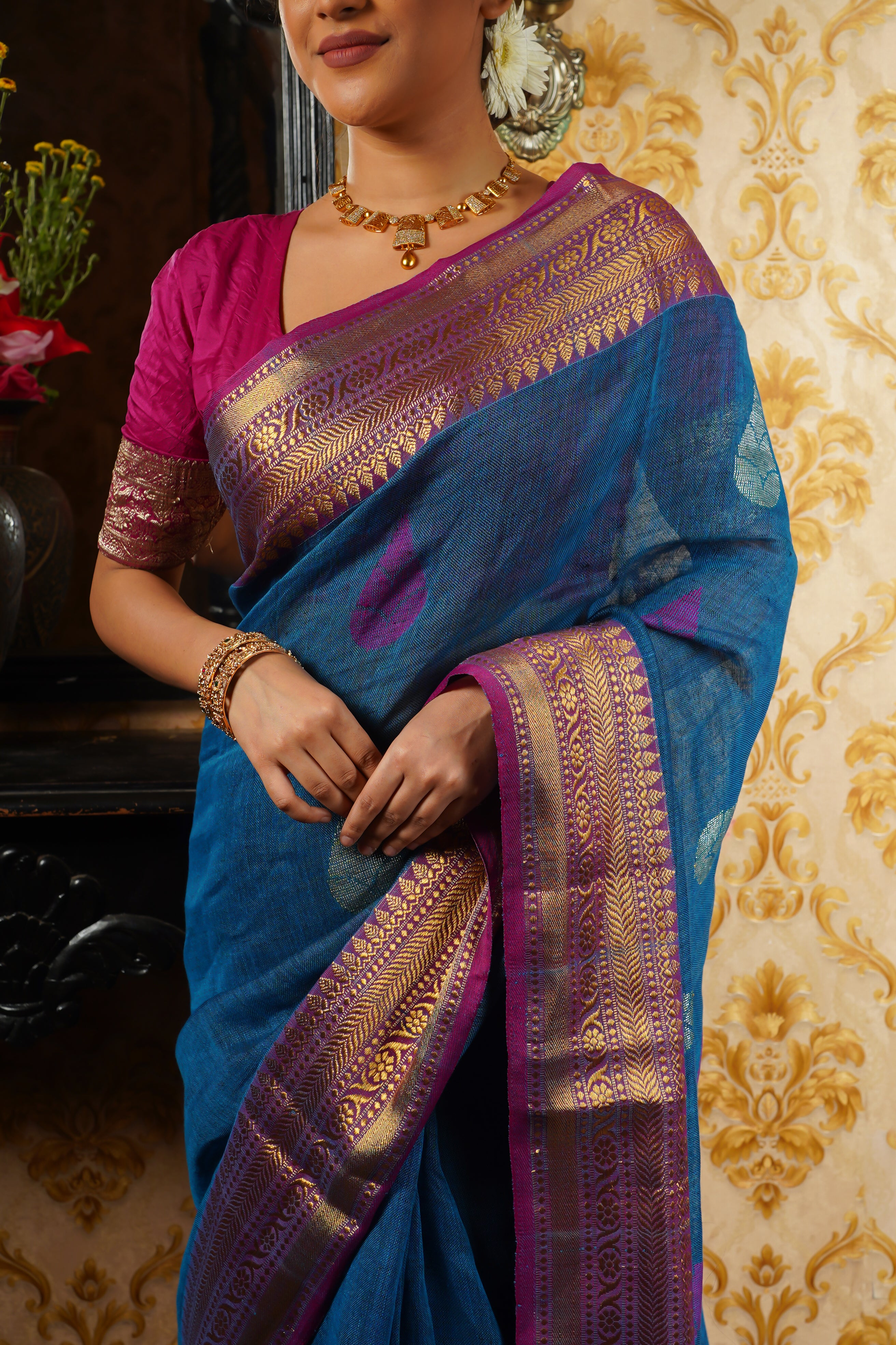 Blue & purple handwoven linen jamdani saree