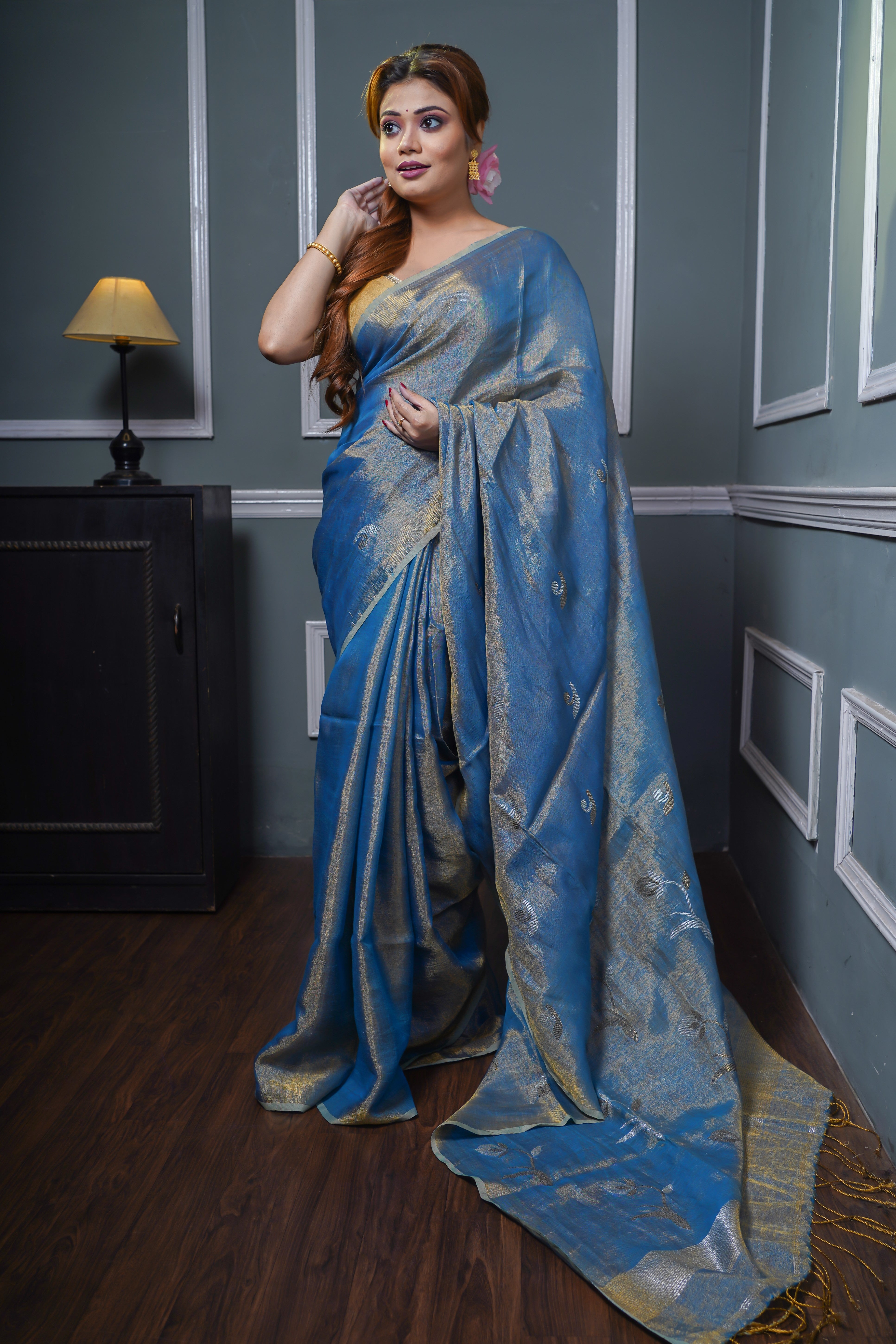 Blue pure tissue linen handwoven tulip saree