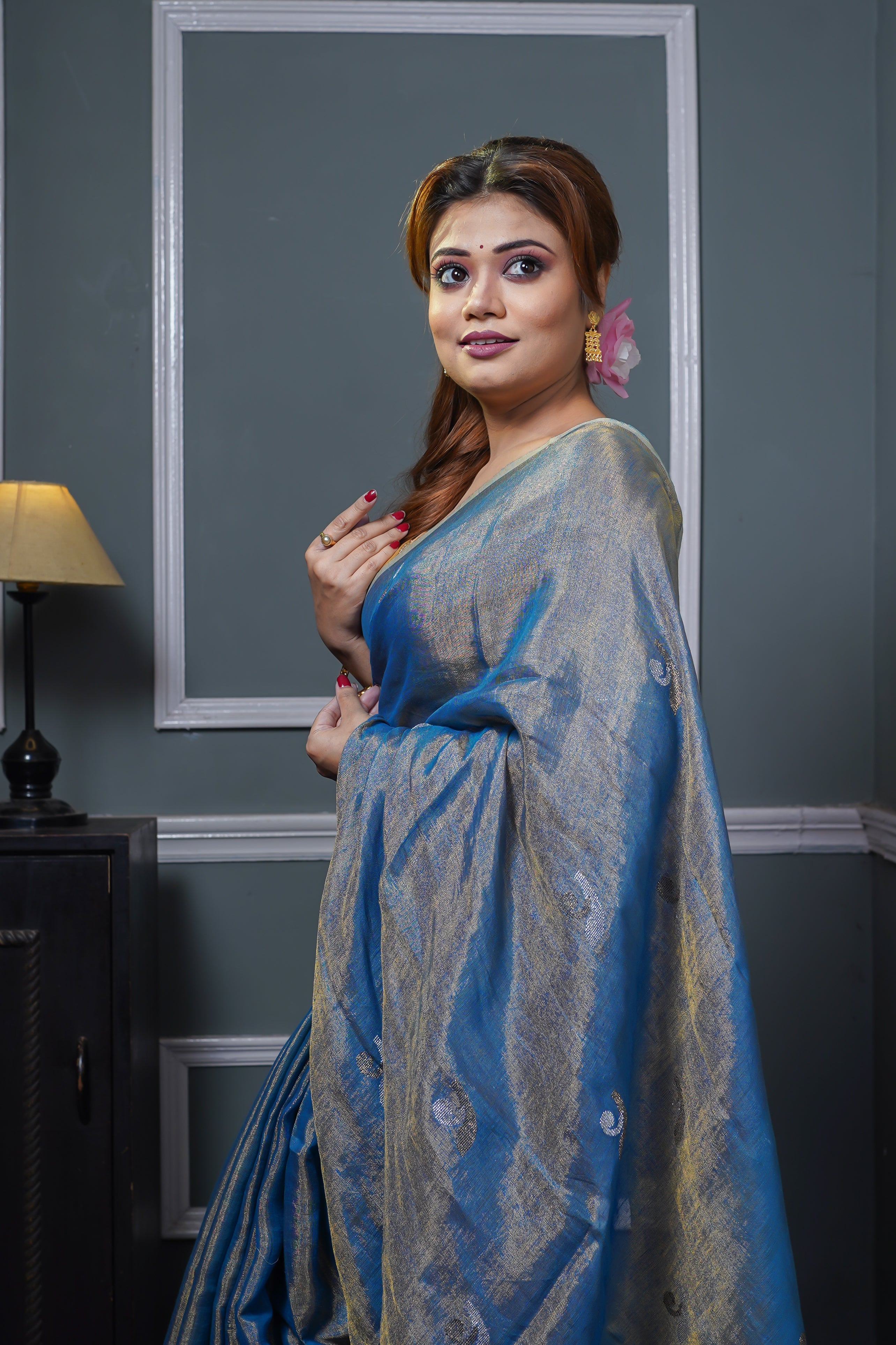 Blue pure tissue linen handwoven tulip saree