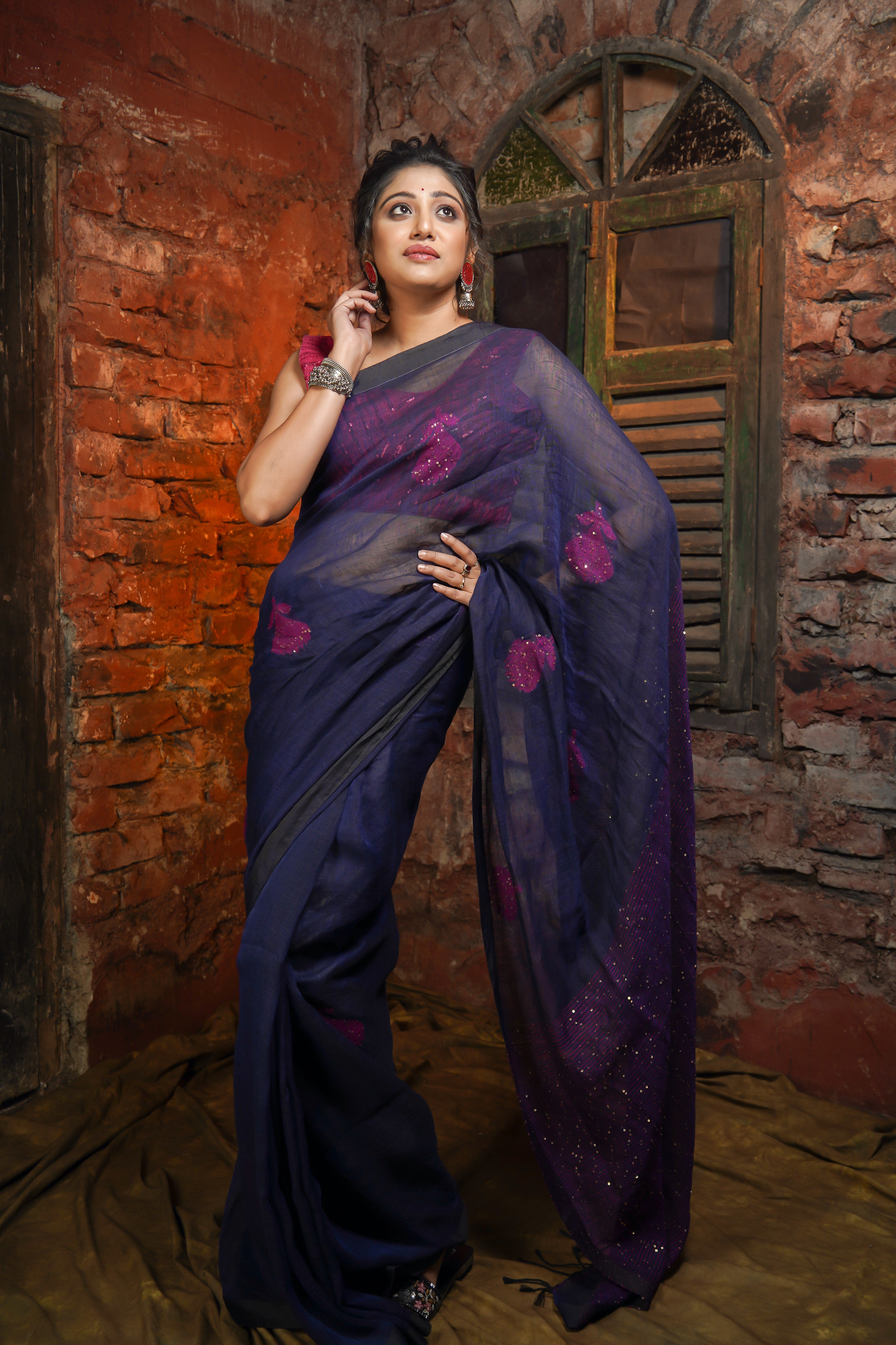 Blue Rose Handwoven Linen Saree with Sequence Work