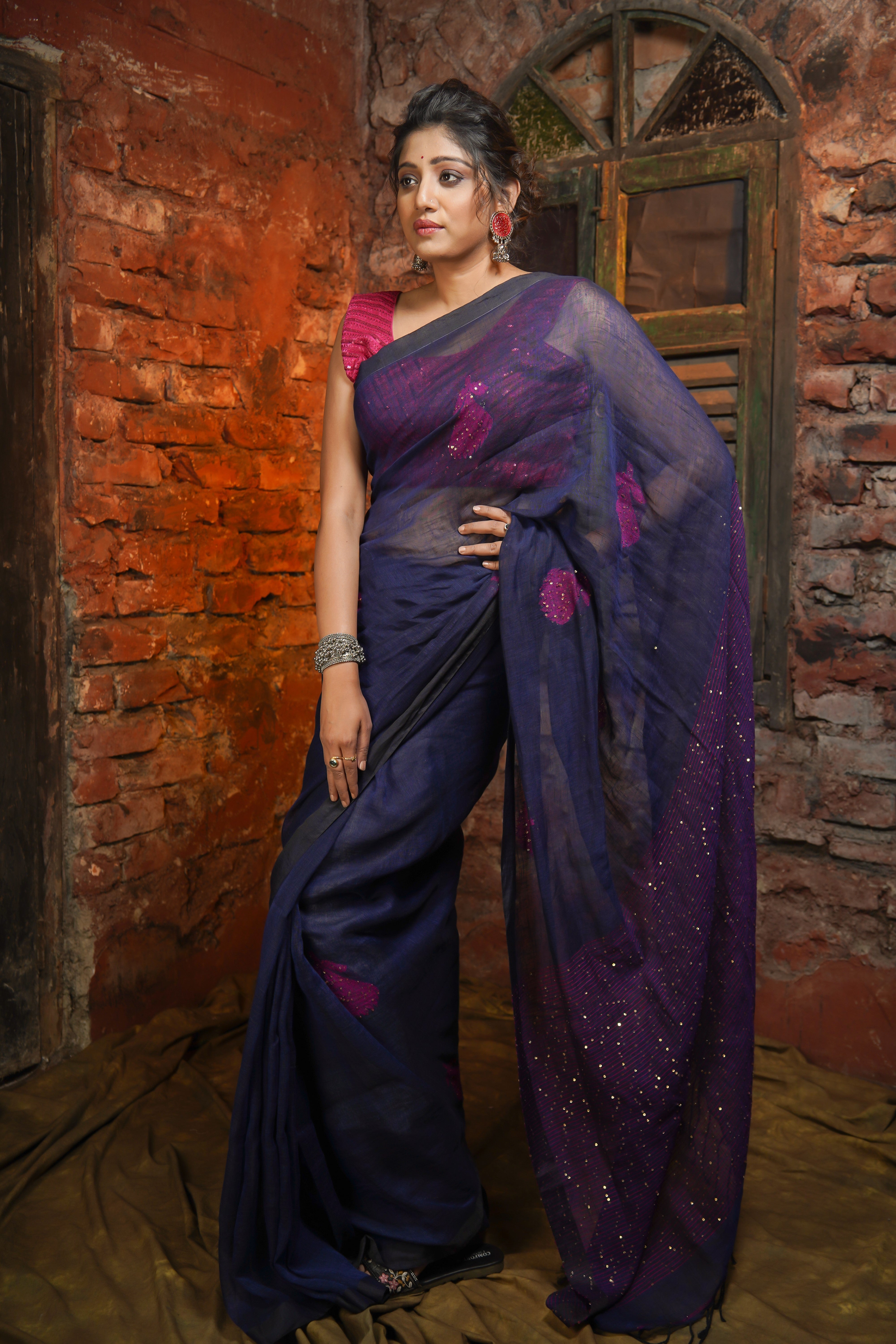 Blue Rose Handwoven Linen Saree with Sequence Work