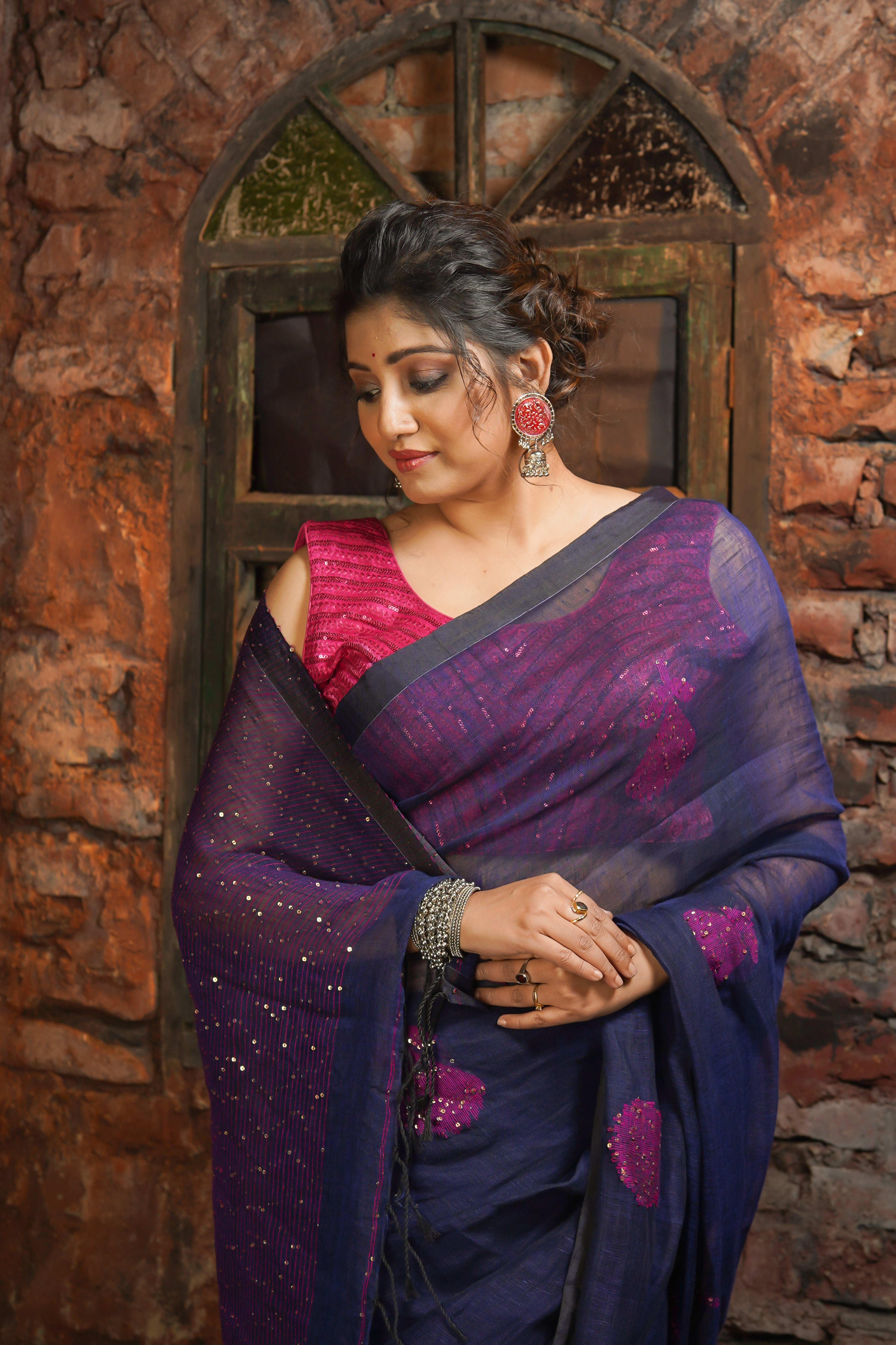 Blue Rose Handwoven Linen Saree with Sequence Work