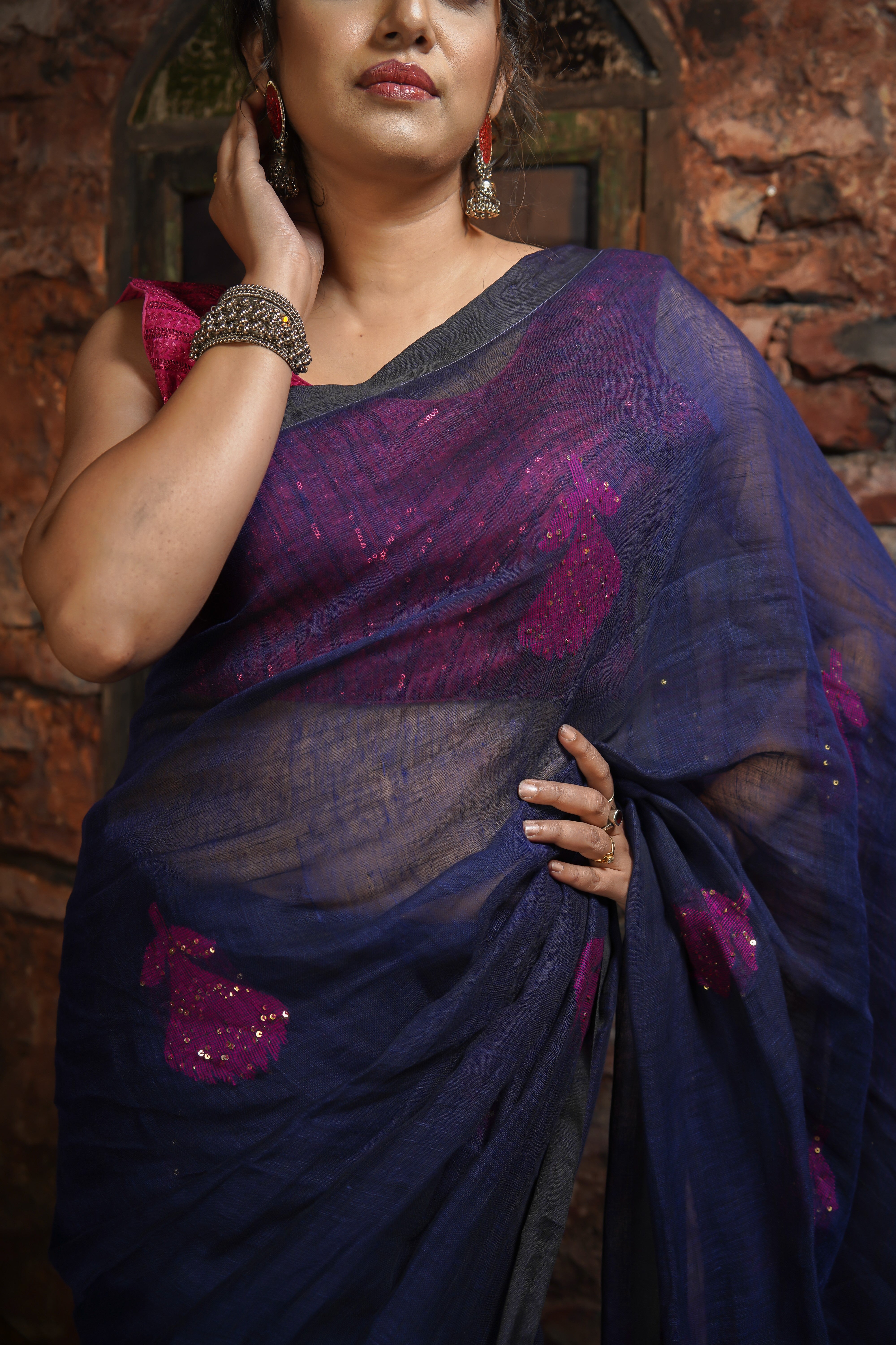 Blue Rose Handwoven Linen Saree with Sequence Work