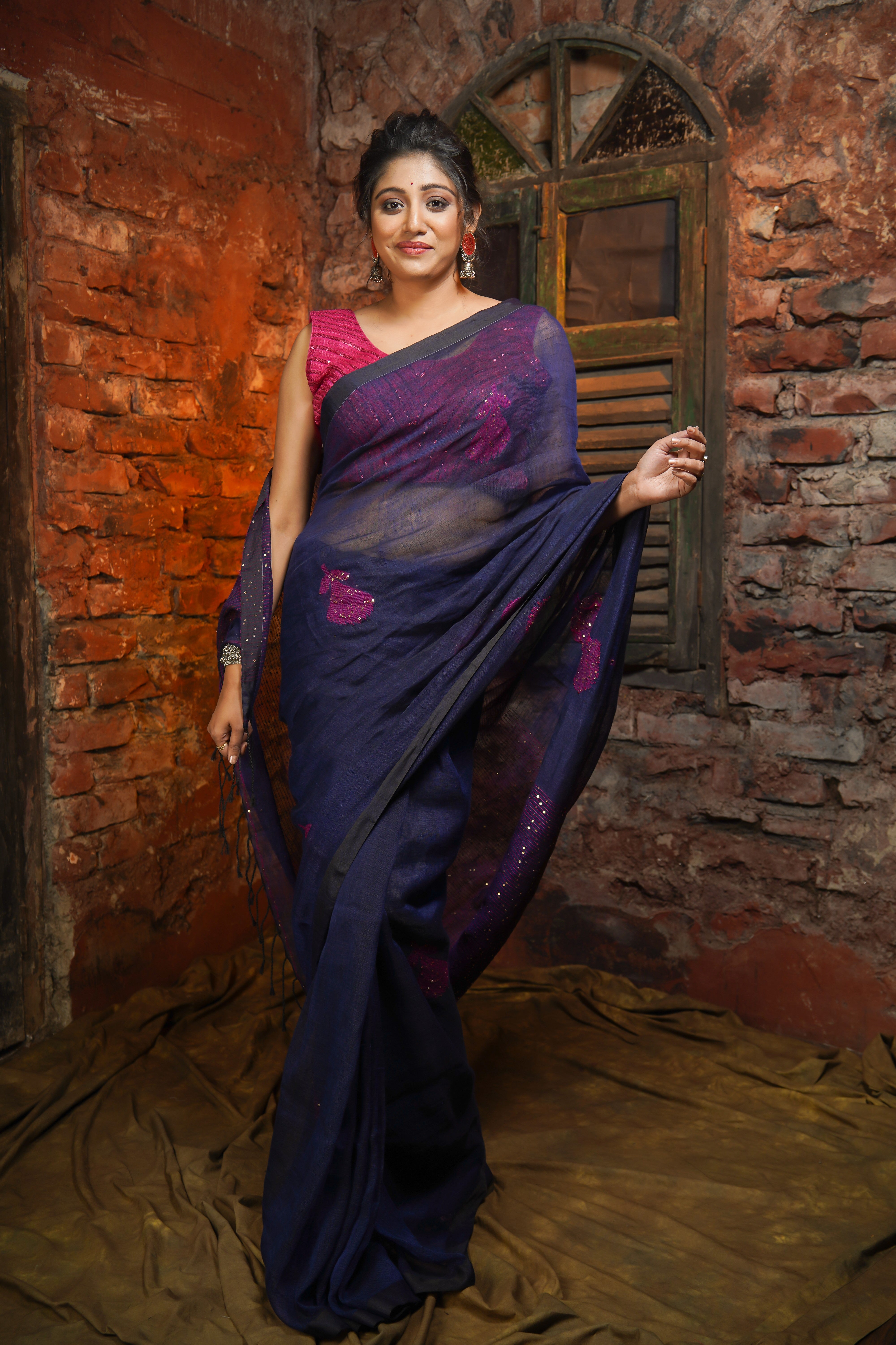 Blue Rose Handwoven Linen Saree with Sequence Work