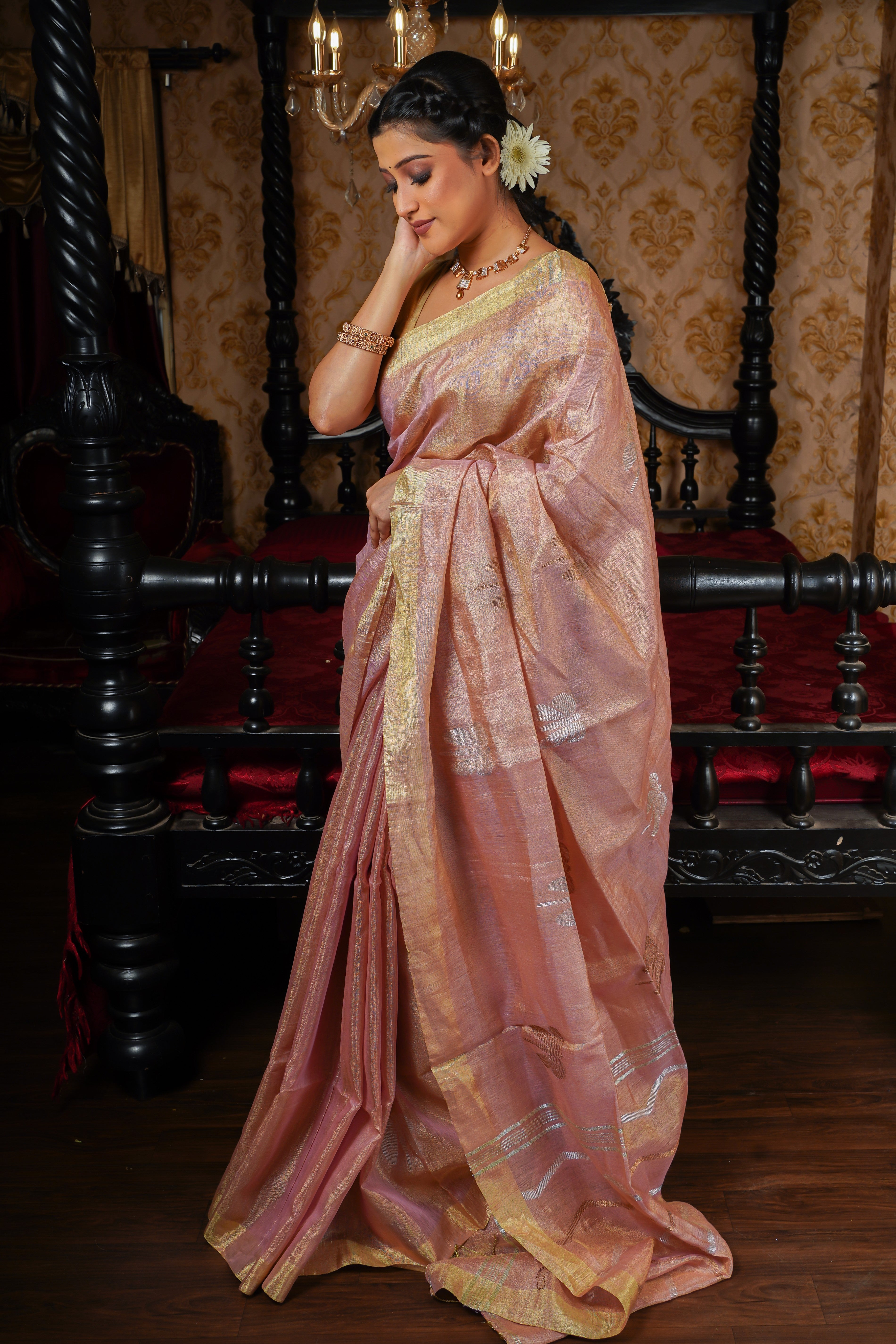 Blush pink pure tissue linen  butterfly hand woven saree