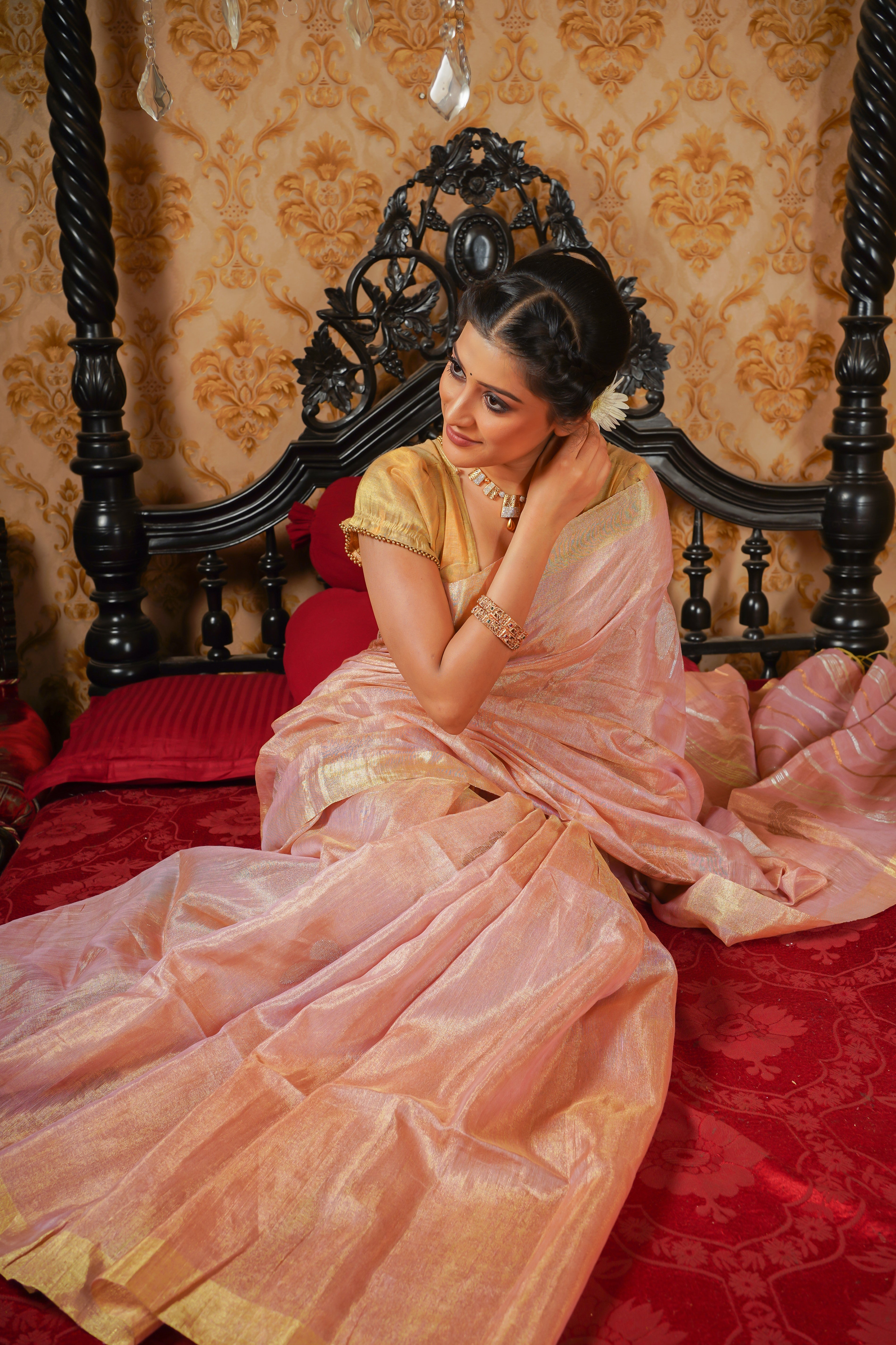 Blush pink pure tissue linen  butterfly hand woven saree