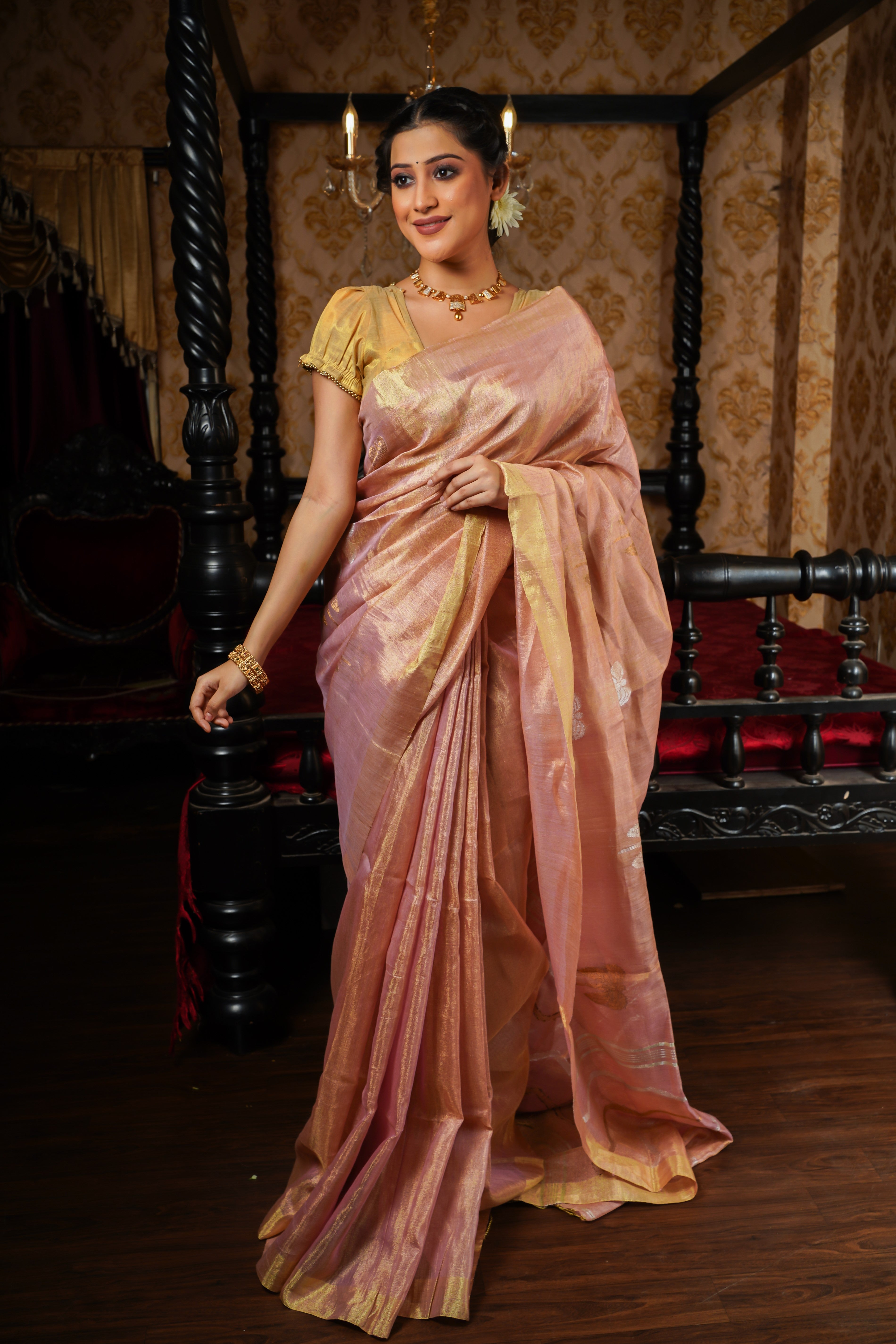 Blush pink pure tissue linen  butterfly hand woven saree