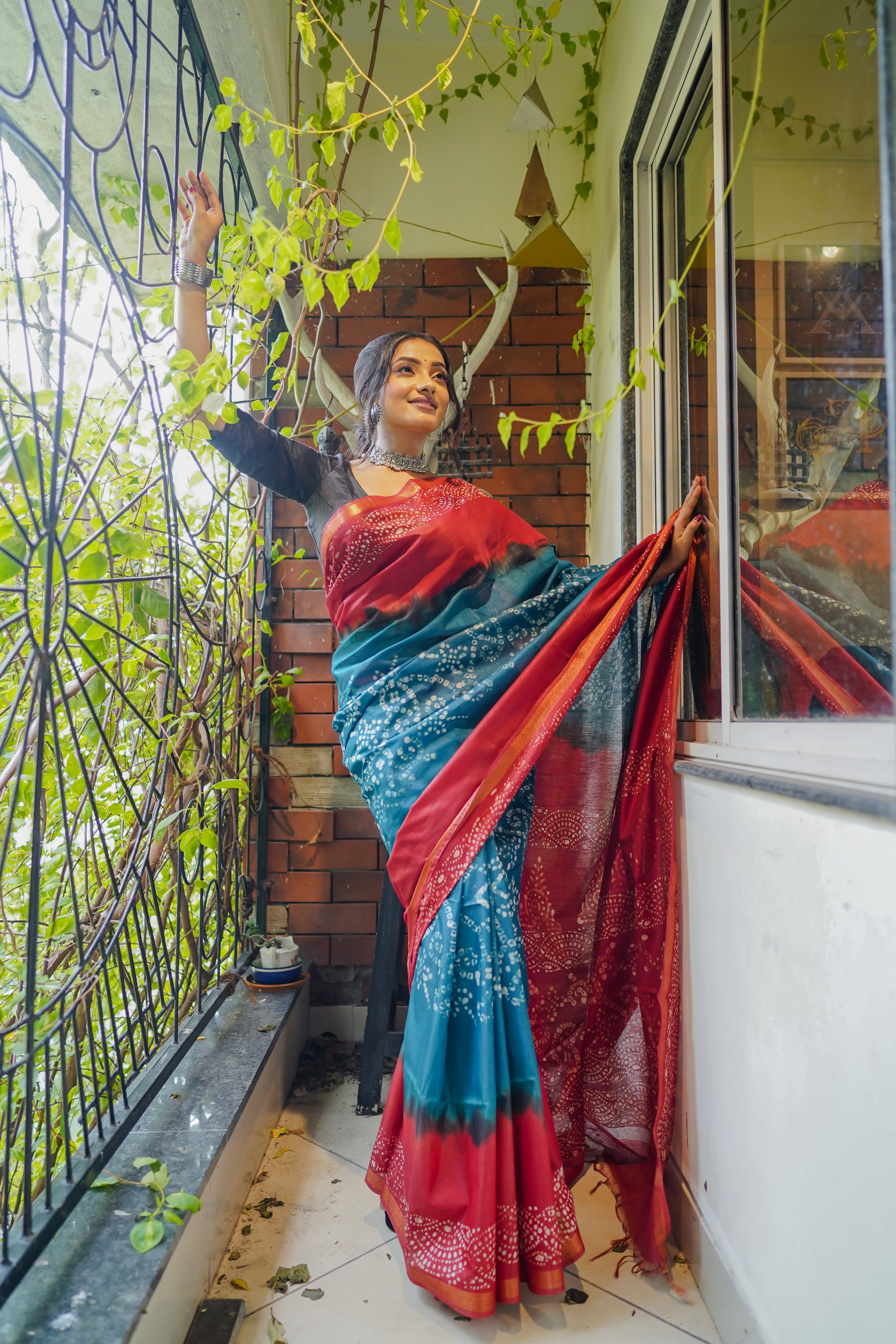 Bondi Blue Bandhani Hand Block Pure Chanderi Silk Saree