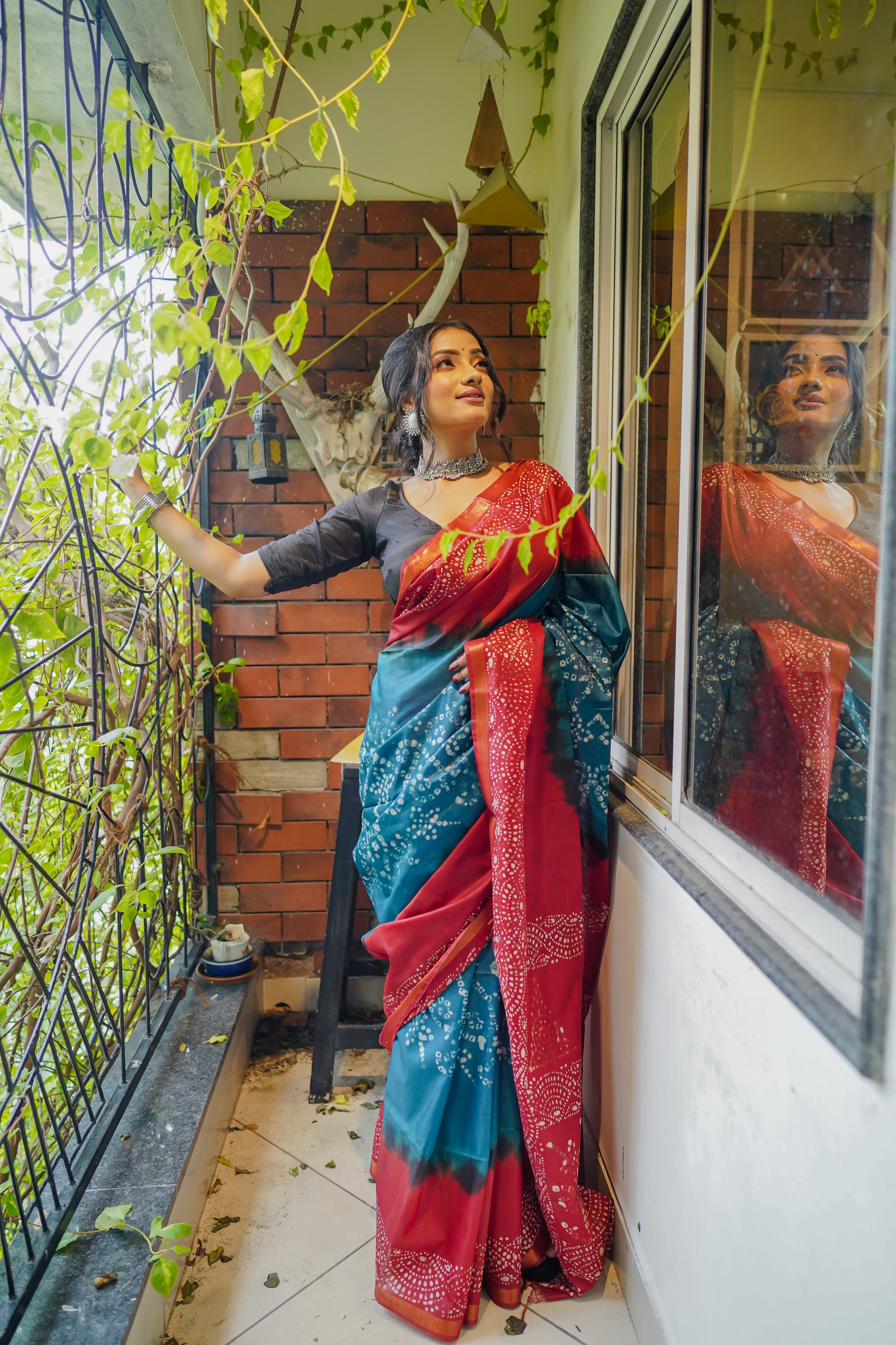 Bondi Blue Bandhani Hand Block Pure Chanderi Silk Saree