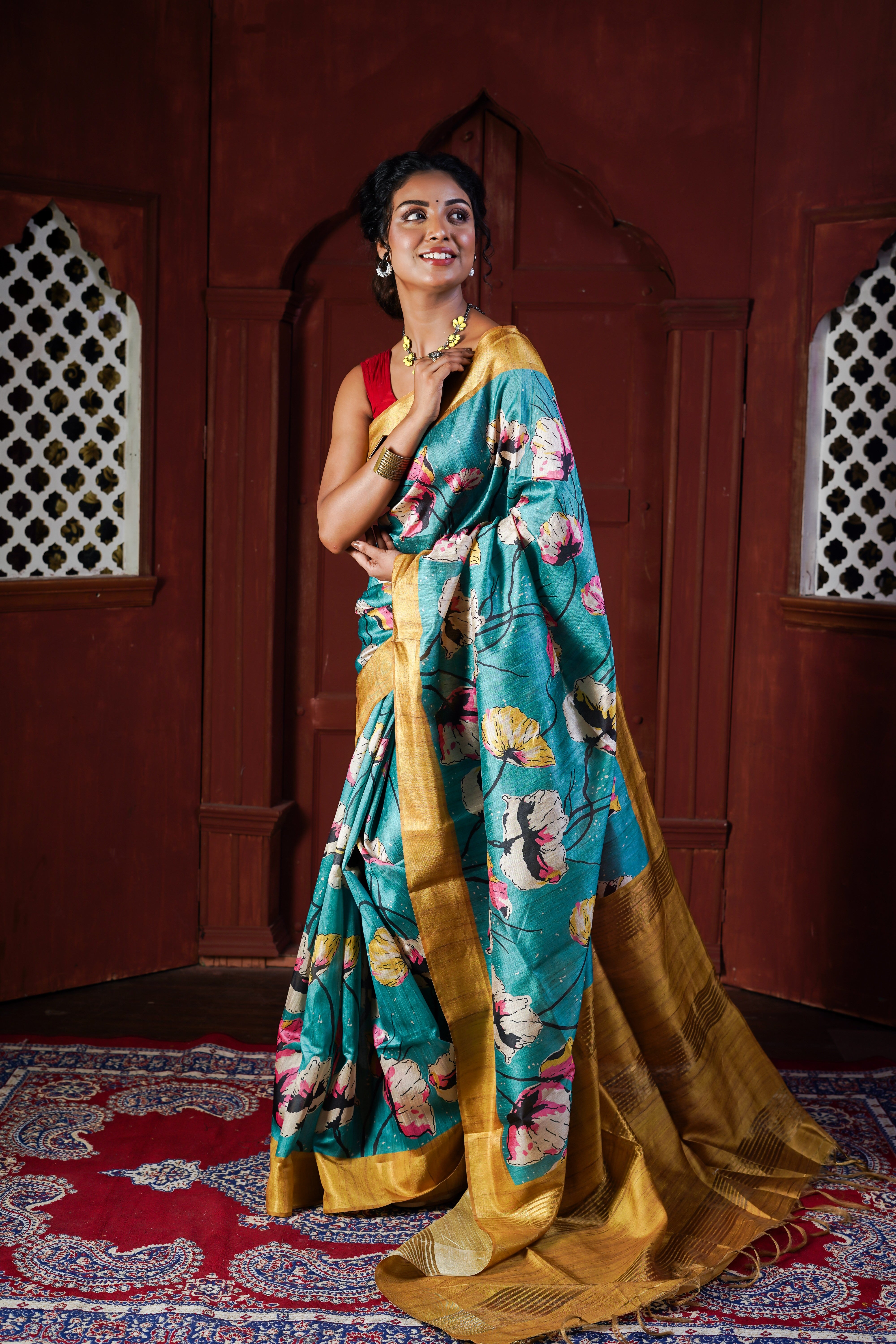 Bondi Blue Tussar Silk Floral Print Saree