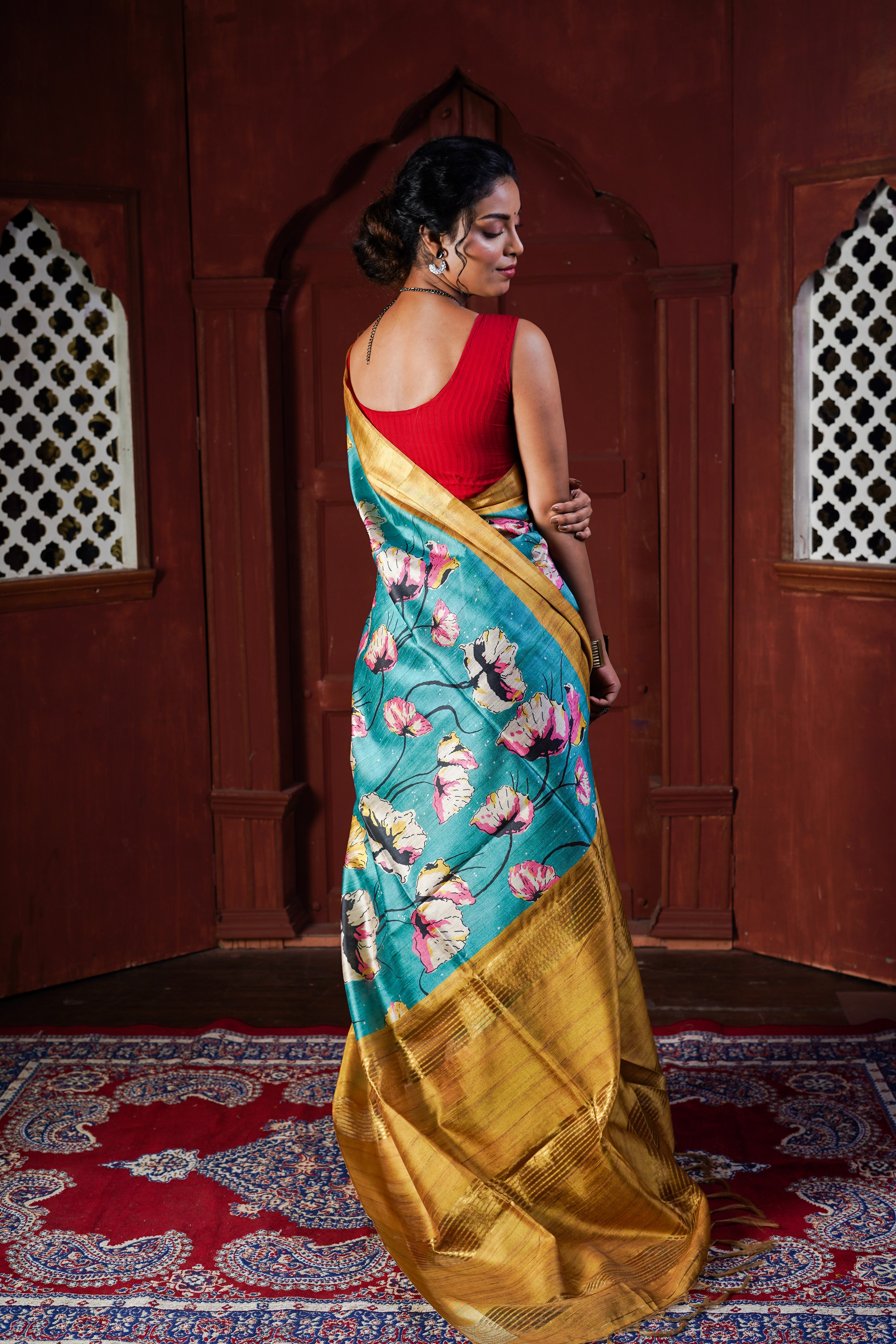 Bondi Blue Tussar Silk Floral Print Saree