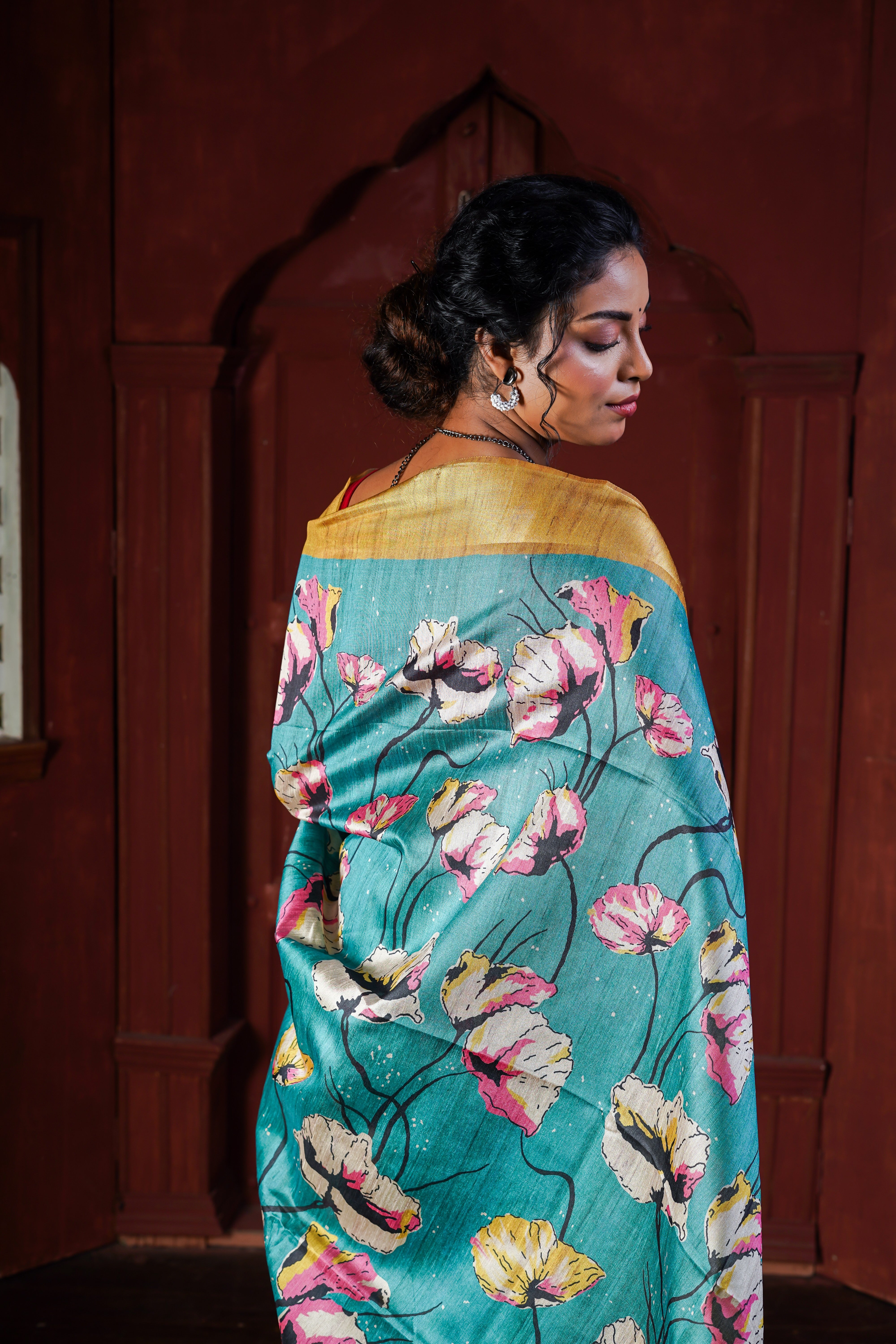 Bondi Blue Tussar Silk Floral Print Saree