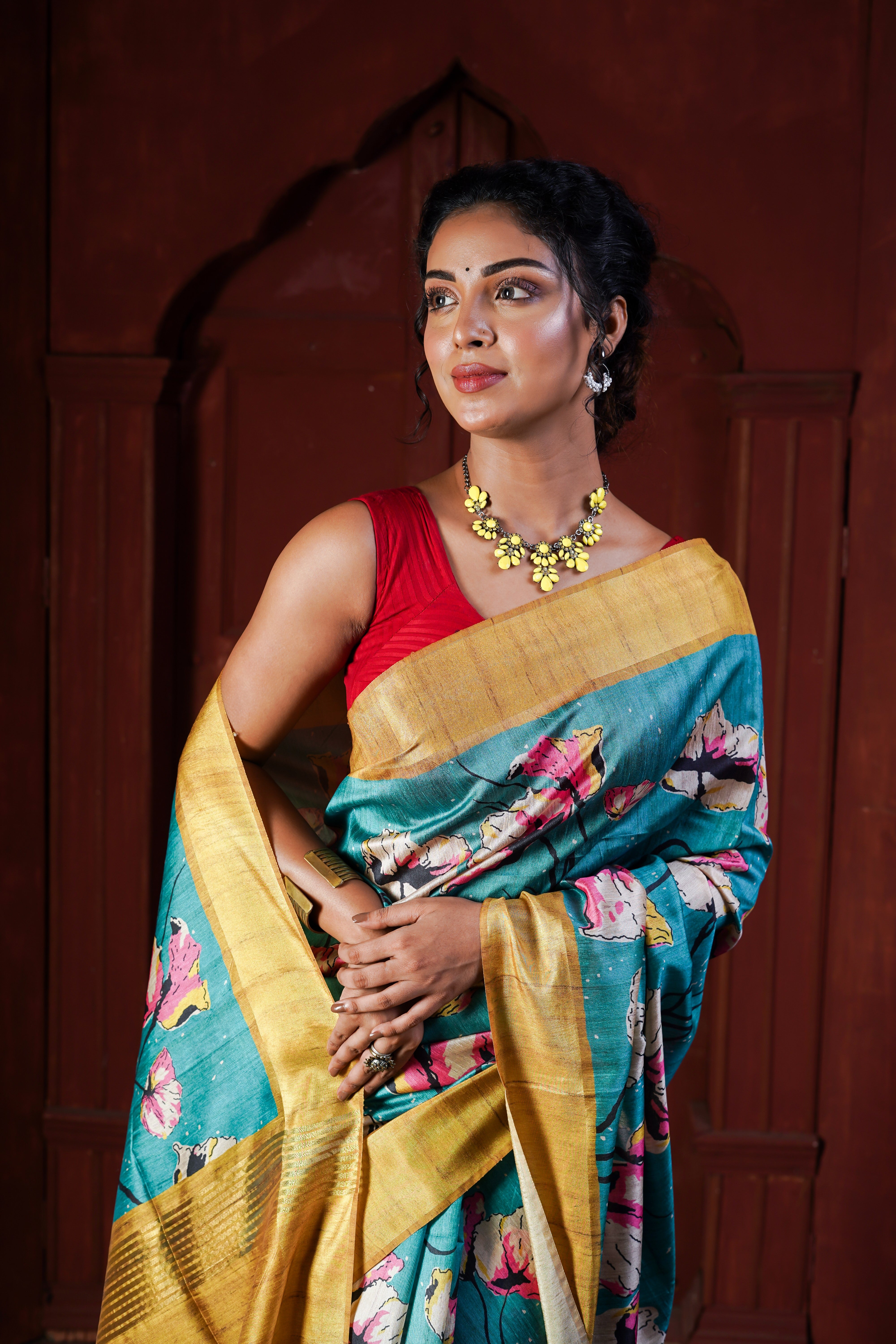 Bondi Blue Tussar Silk Floral Print Saree