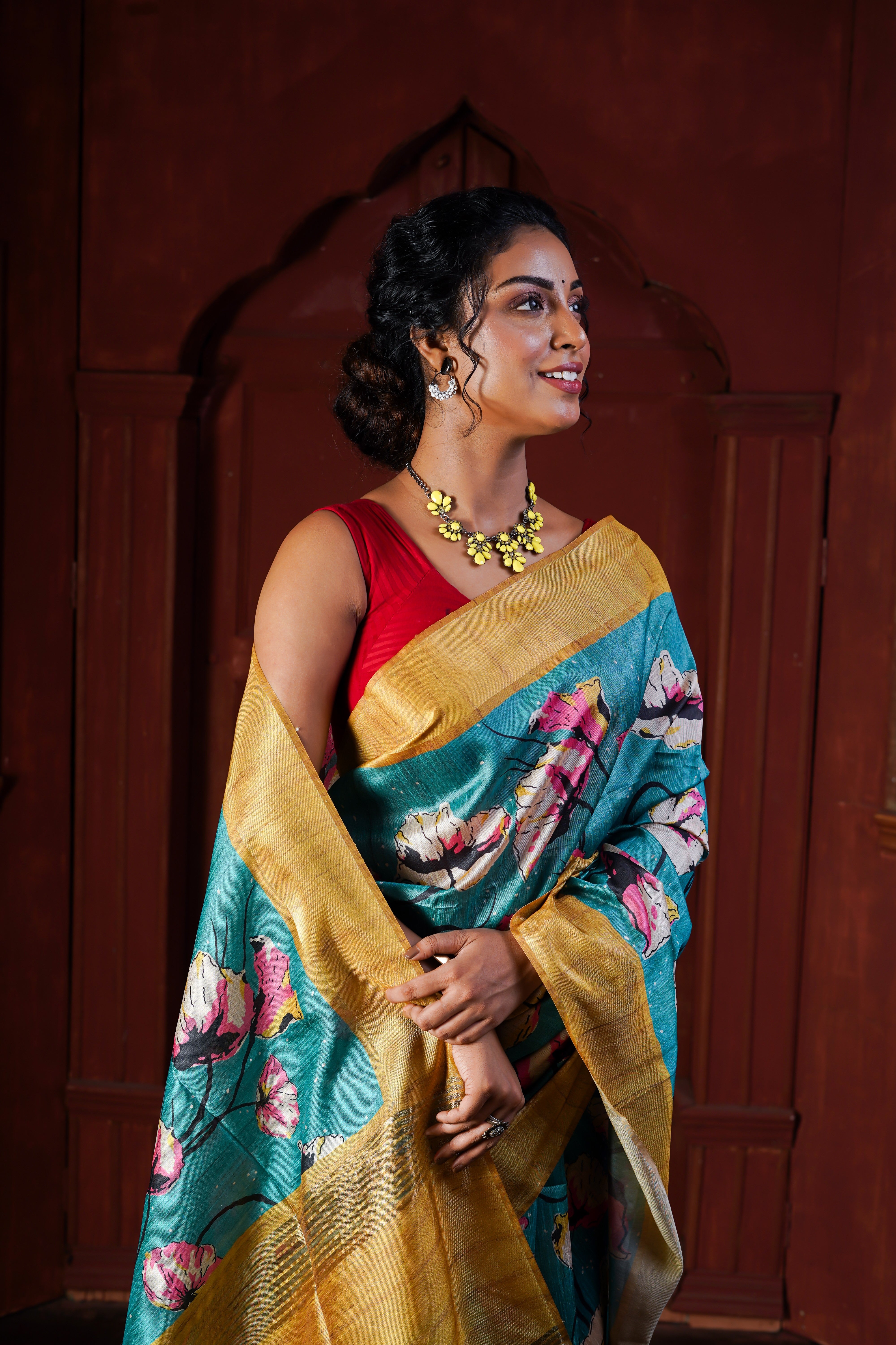 Bondi Blue Tussar Silk Floral Print Saree