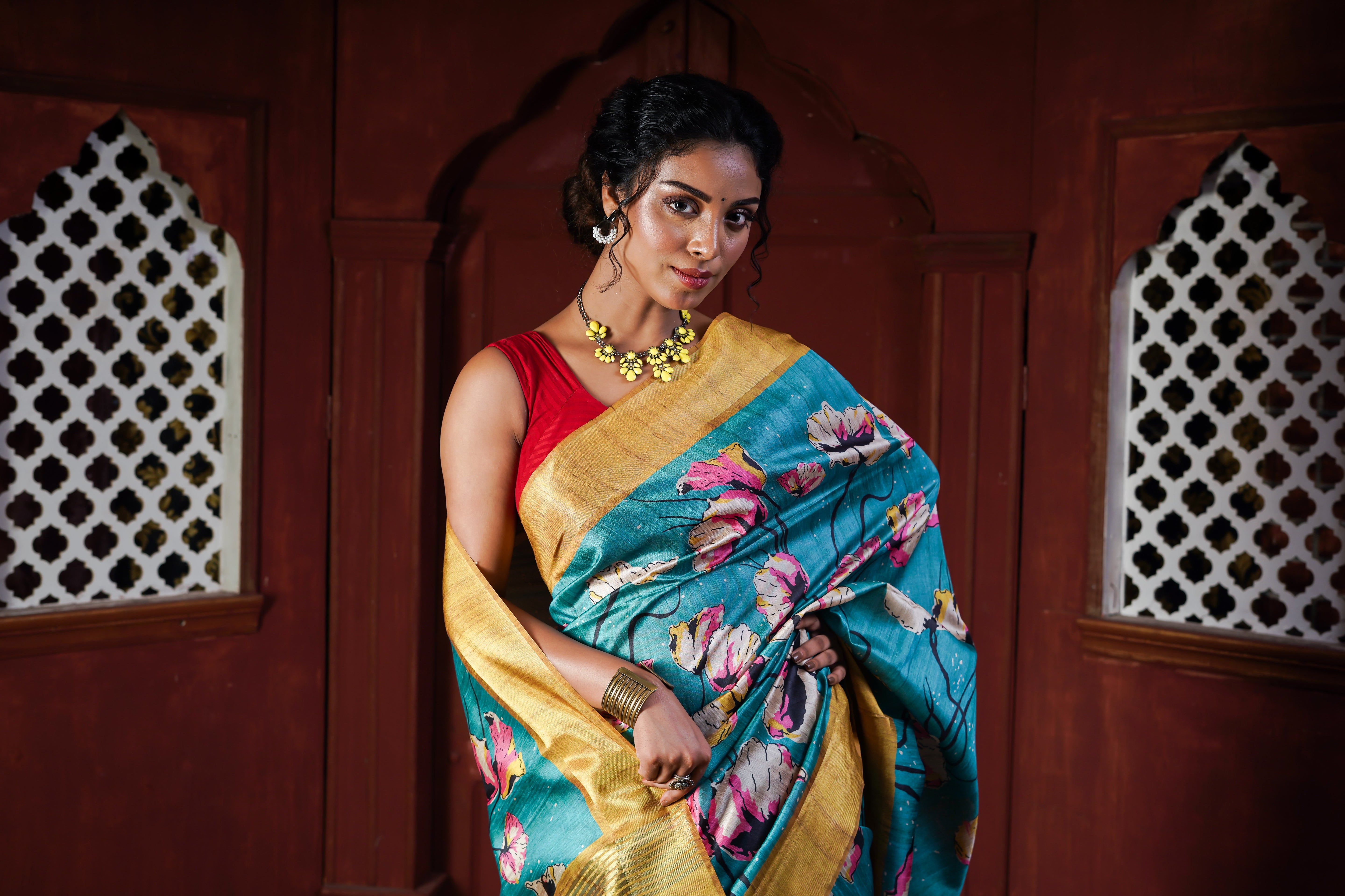 Bondi Blue Tussar Silk Floral Print Saree