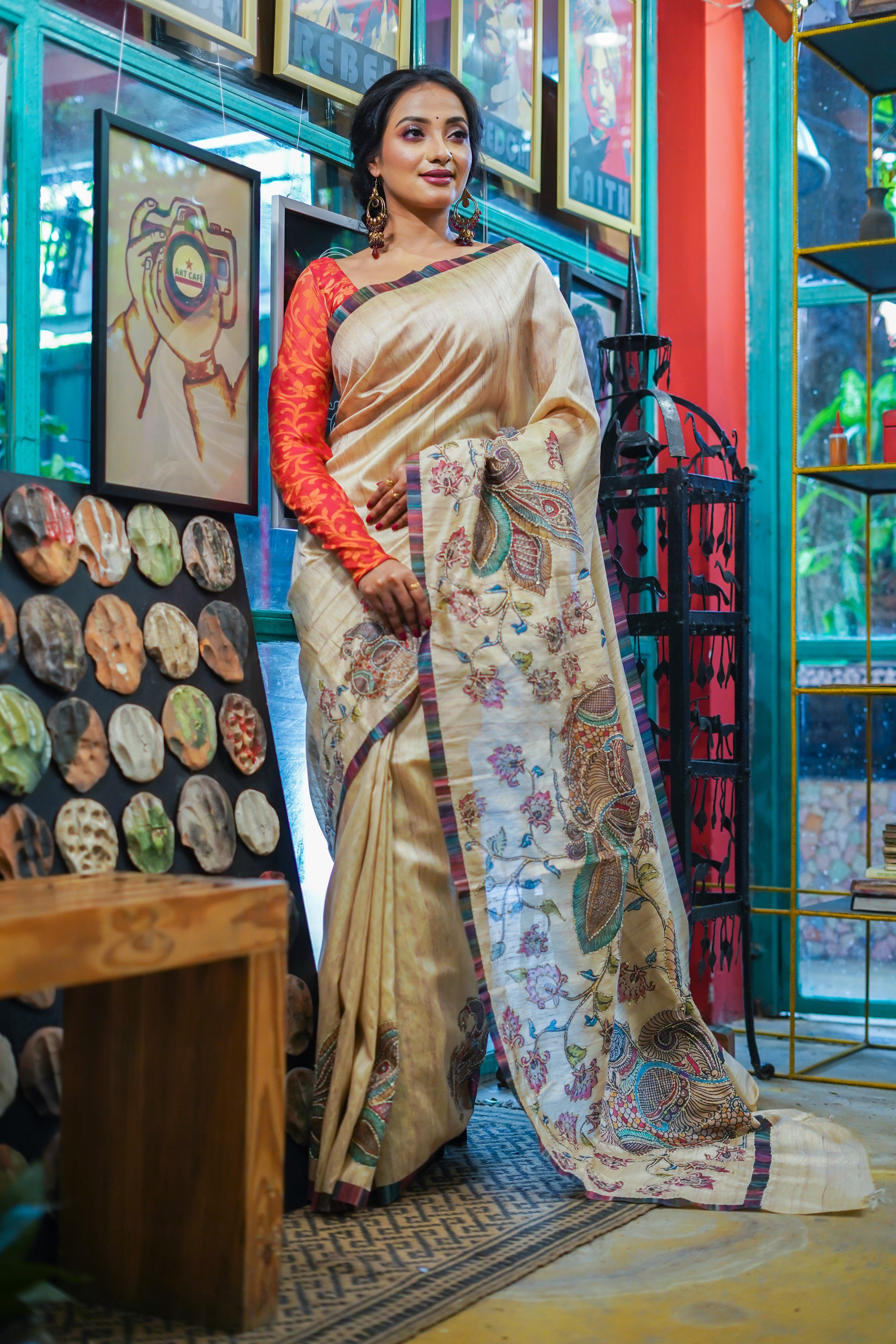 Boutique Beigh tussar silk hand stitched saree