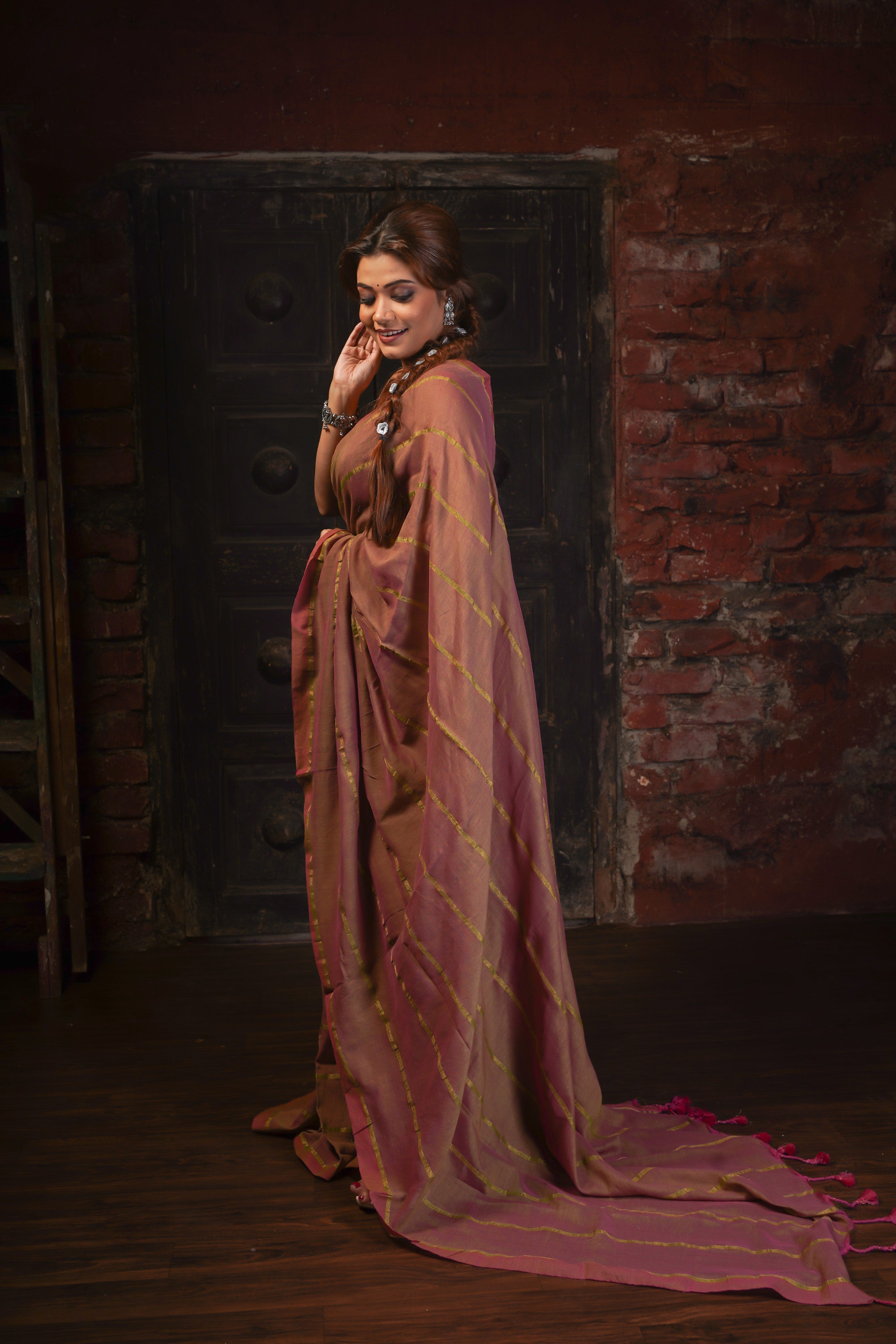 Brownish pure khadi cotton striped saree