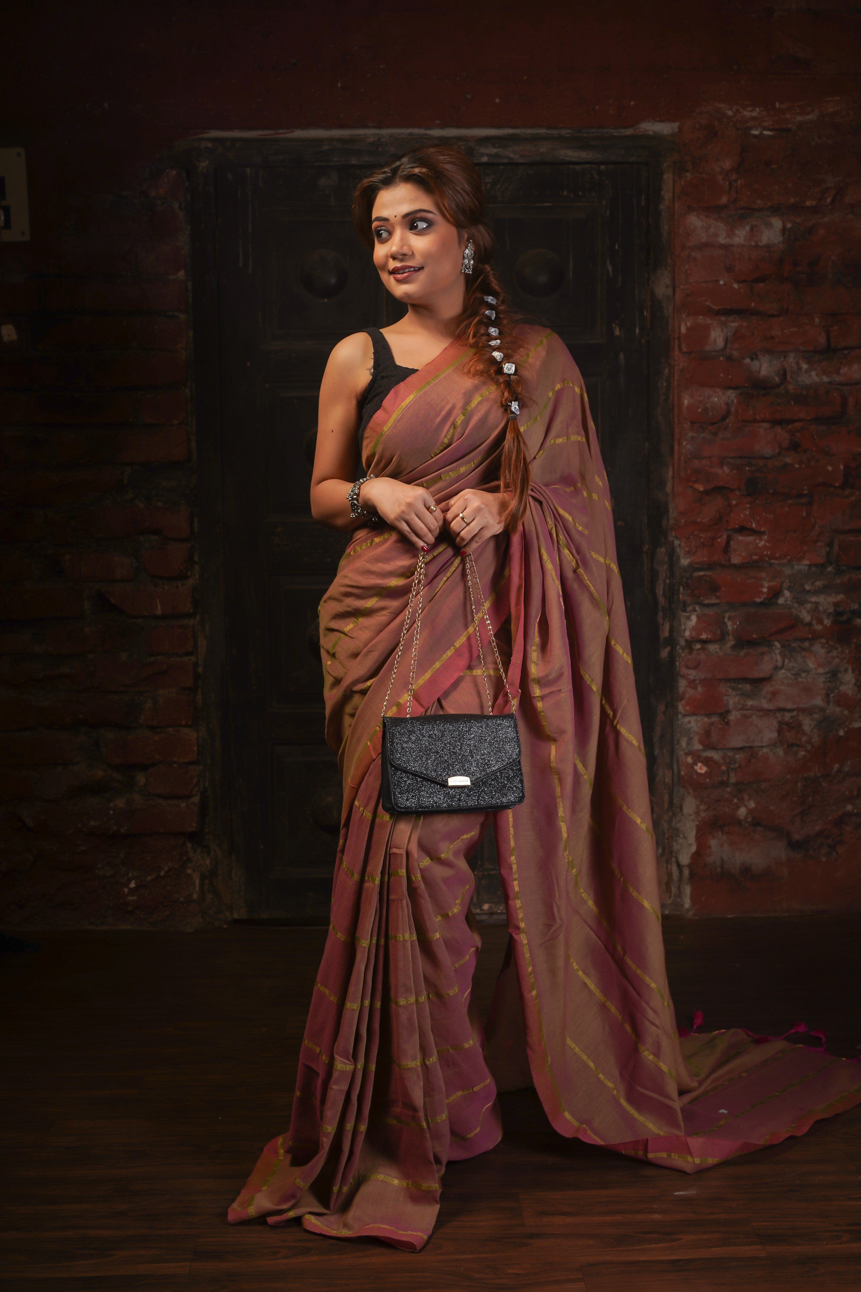 Brownish pure khadi cotton striped saree