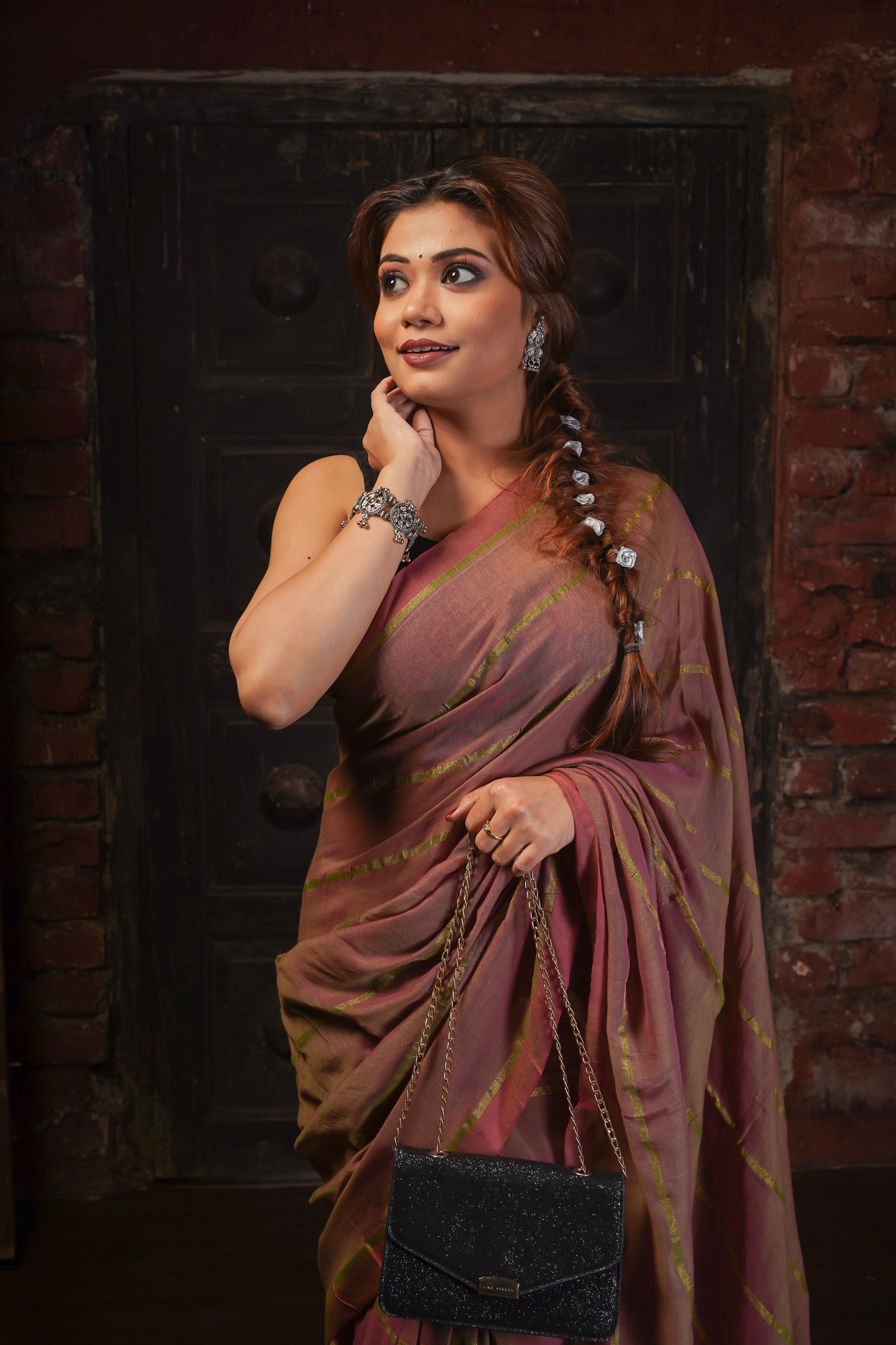 Brownish pure khadi cotton striped saree