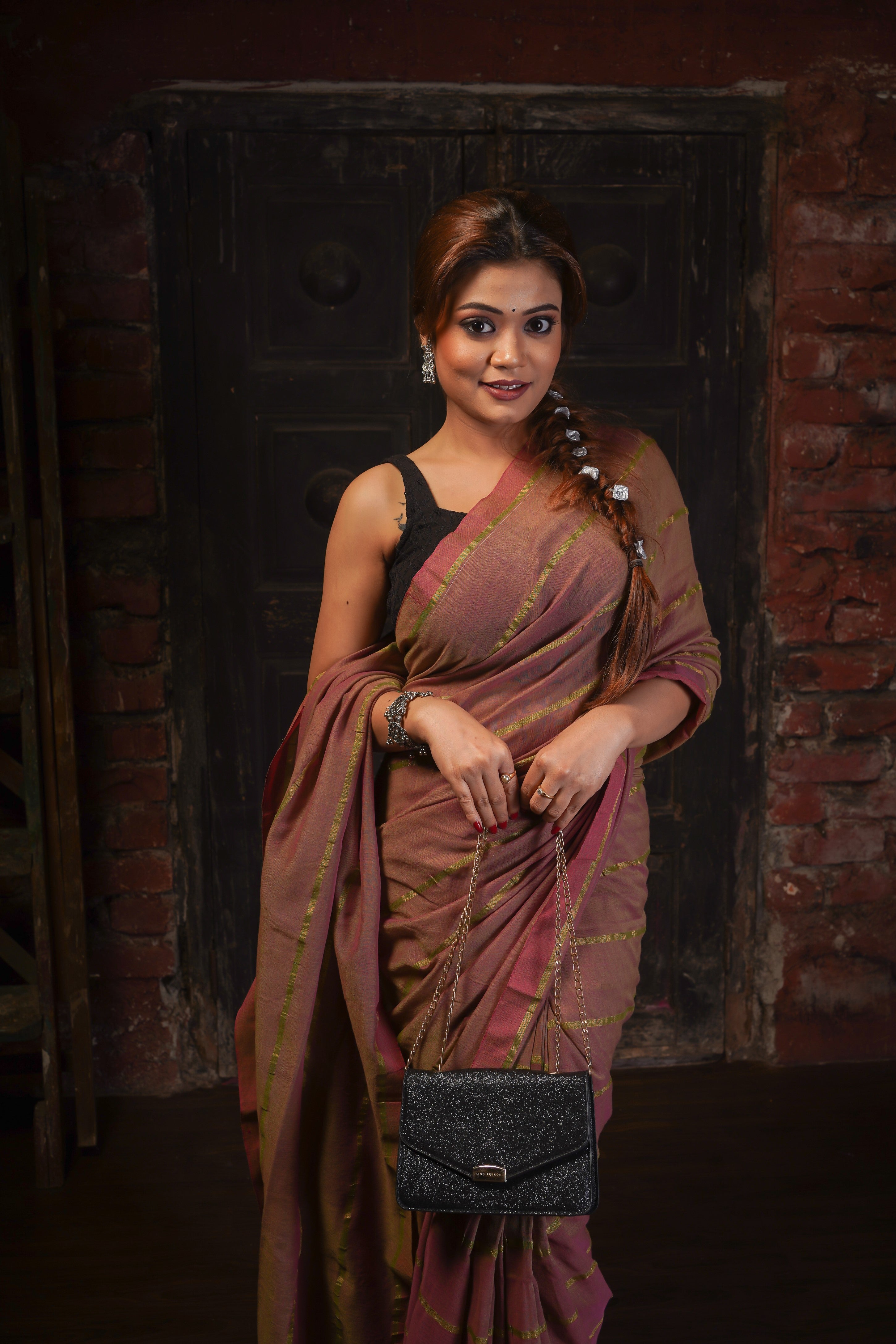 Brownish pure khadi cotton striped saree