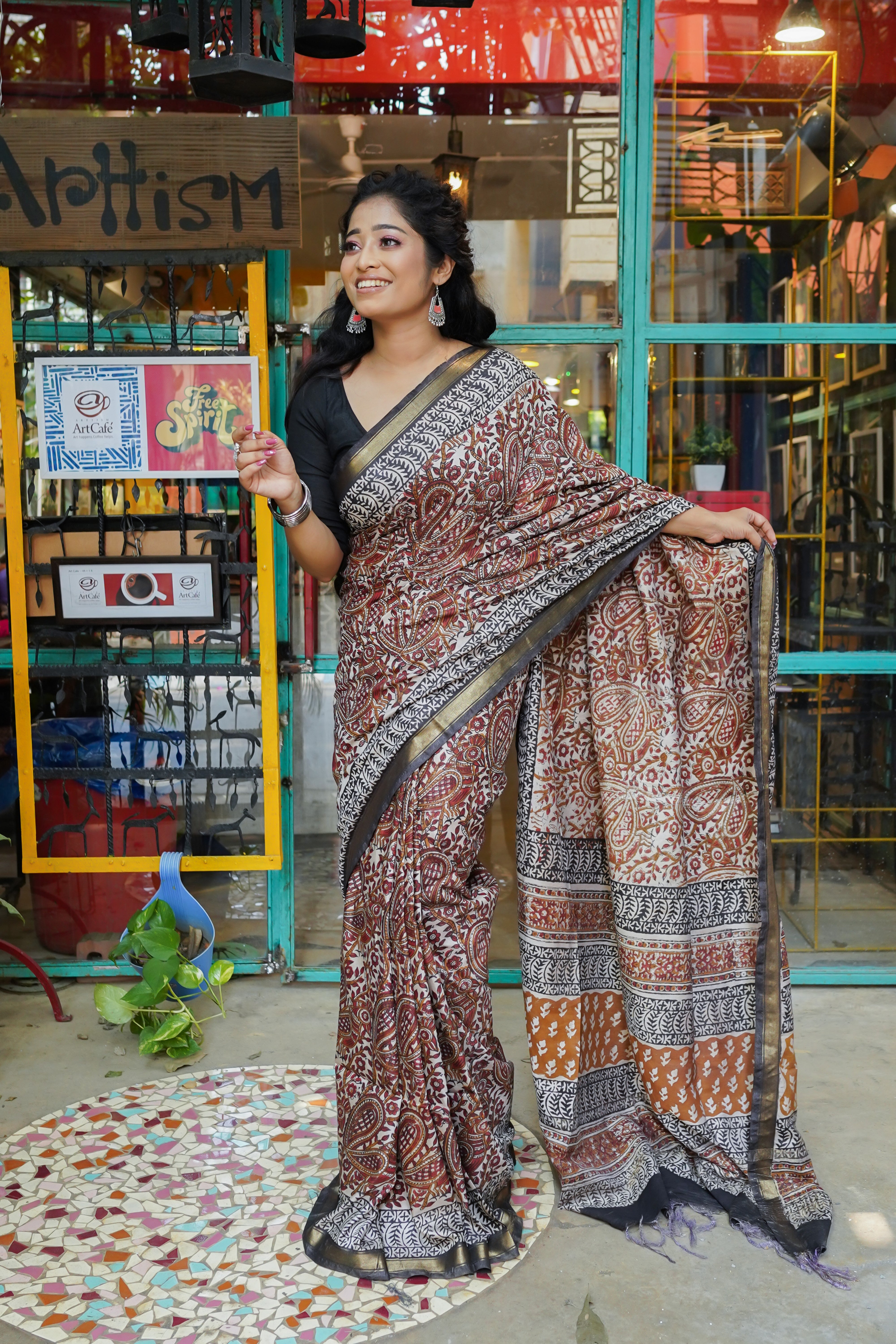 Brown premium quality chanderi silk Handblock saree