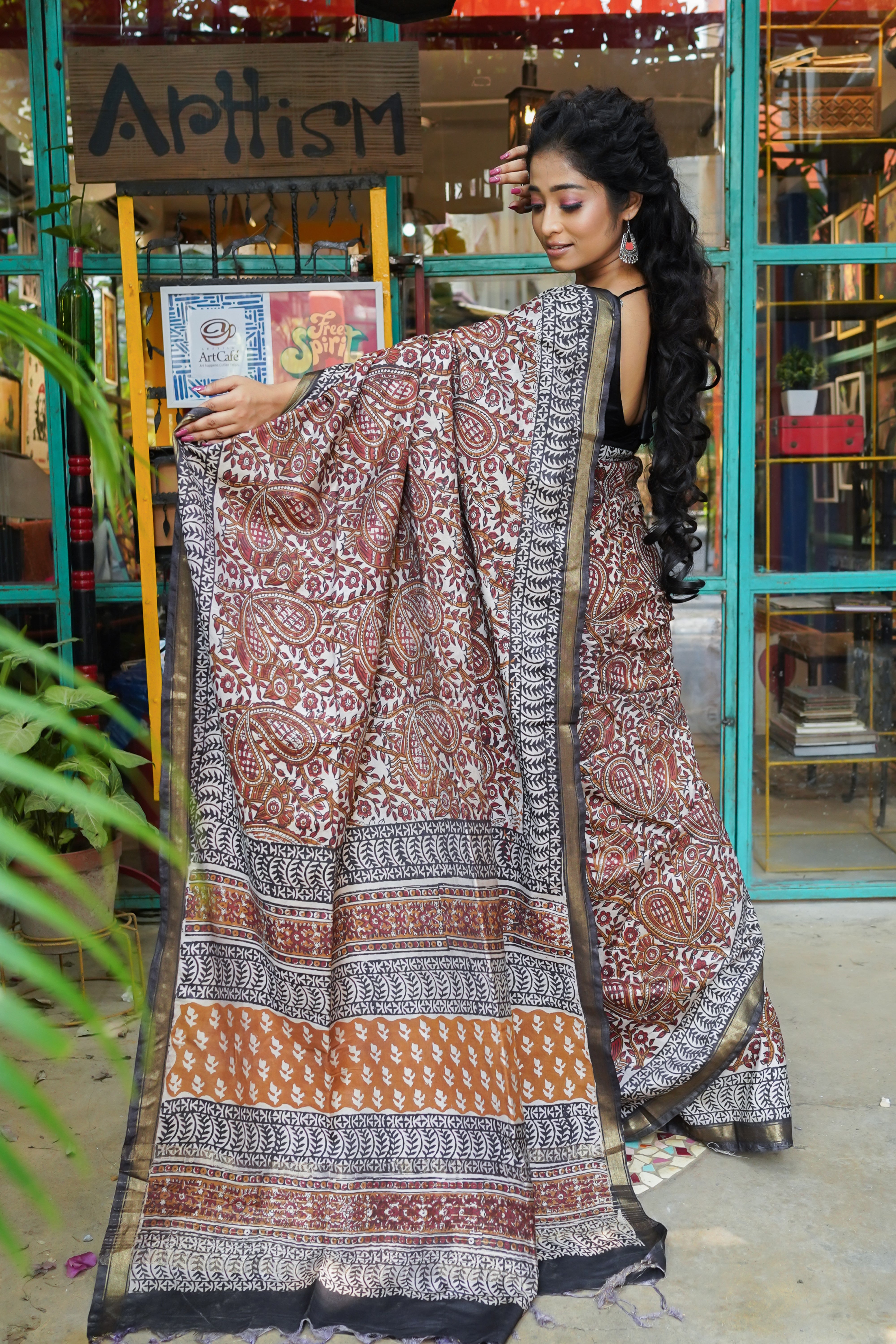 Brown premium quality chanderi silk Handblock saree