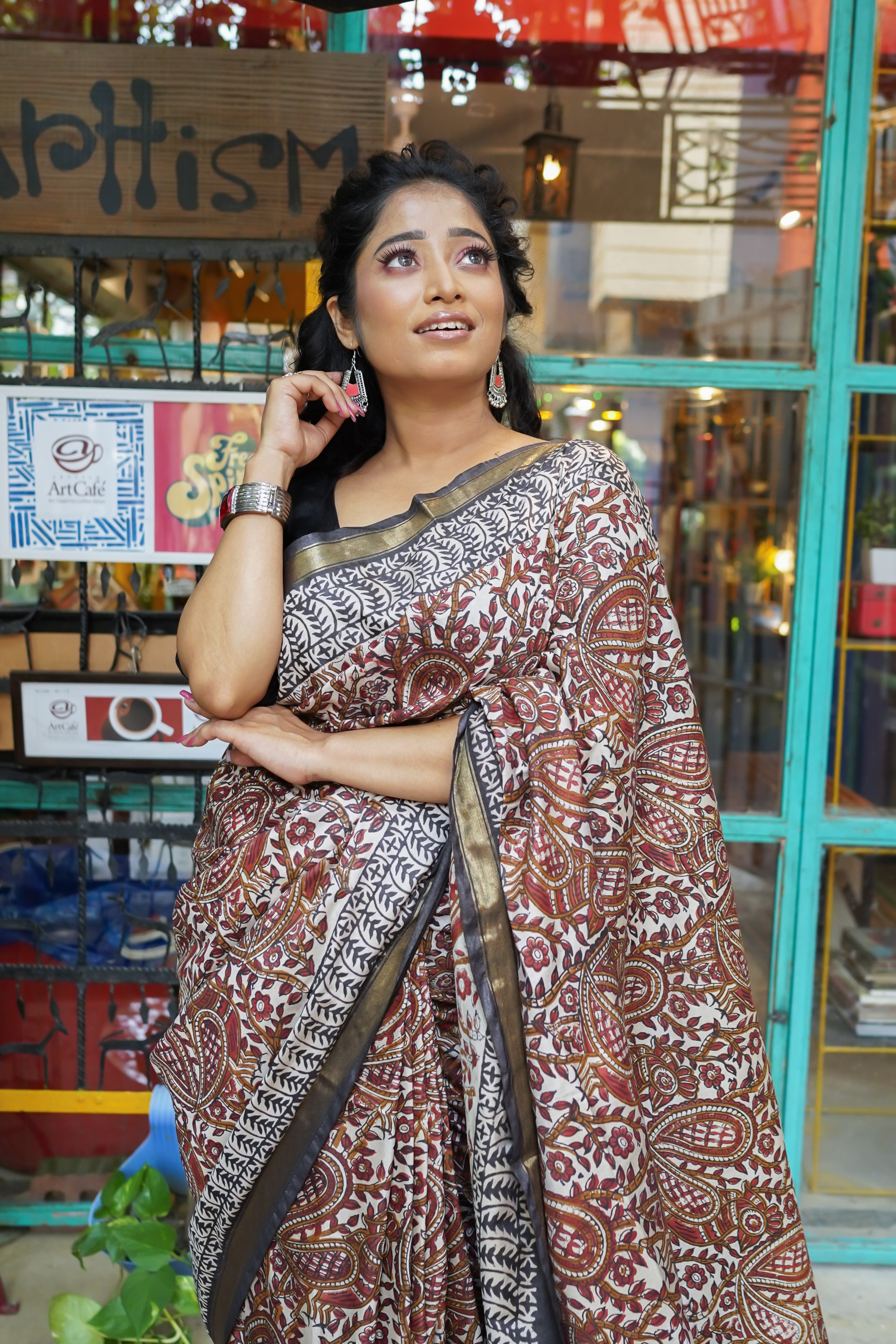 Brown premium quality chanderi silk Handblock saree