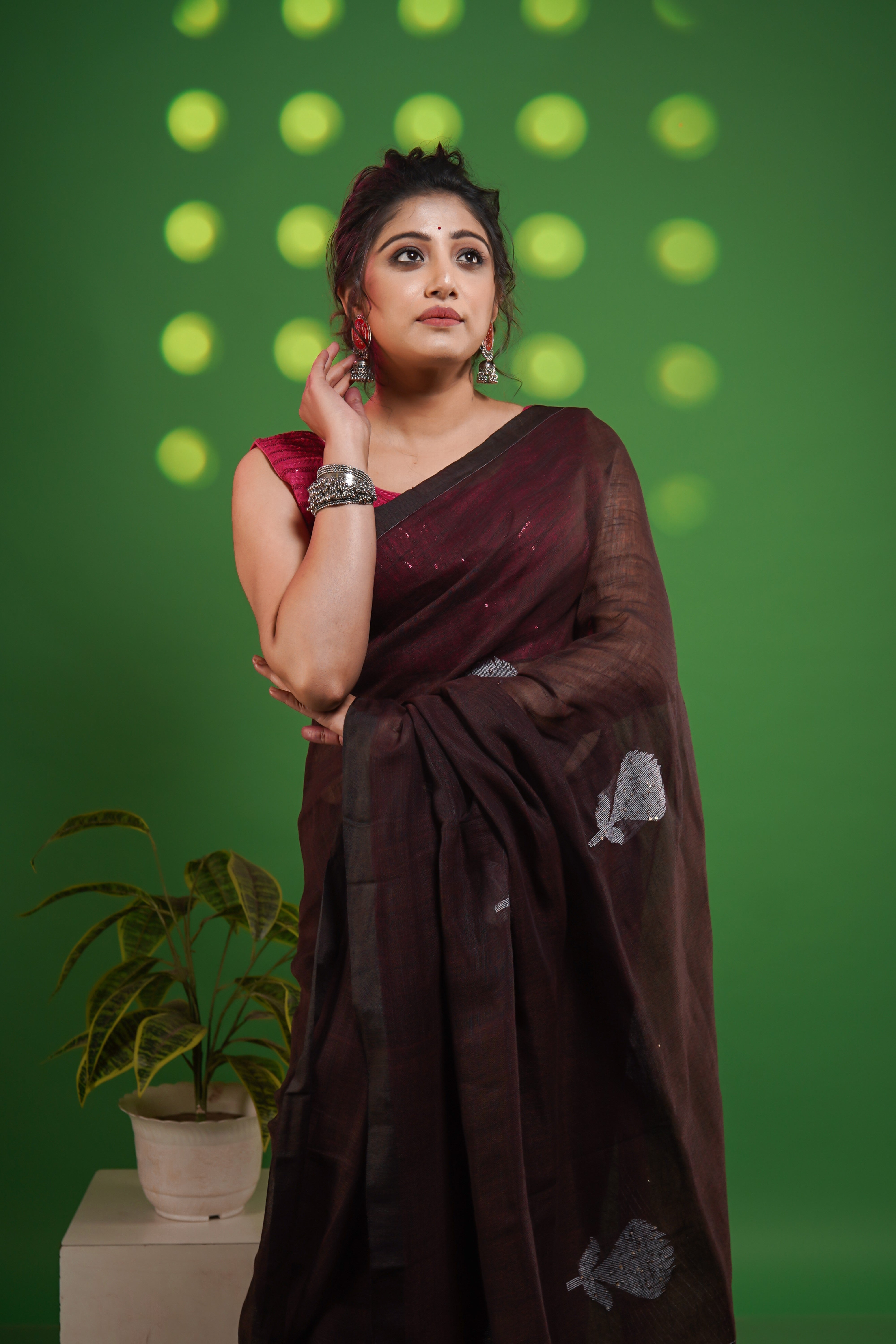 Brown Rose Handwoven Linen Saree with Sequence Work