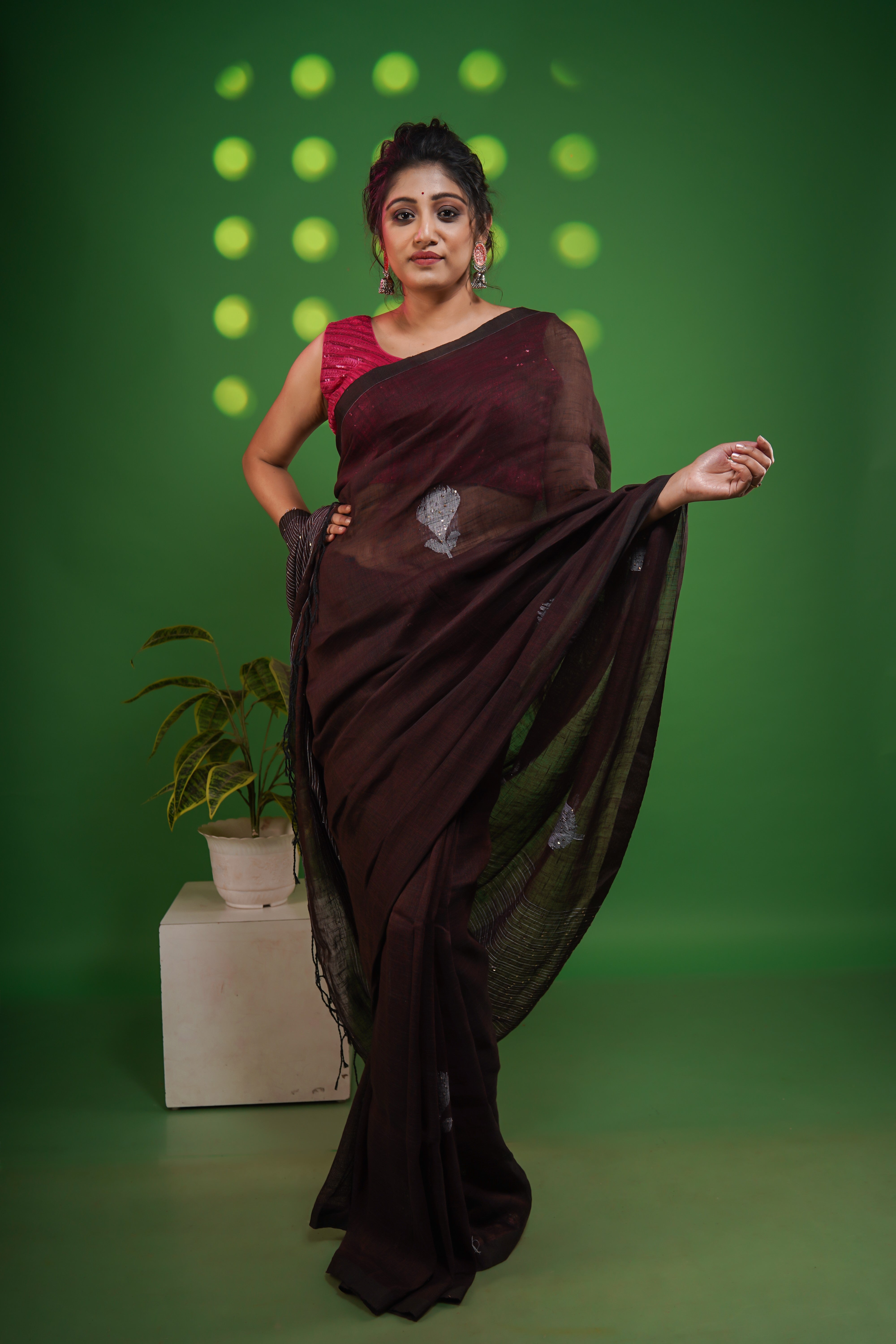 Brown Rose Handwoven Linen Saree with Sequence Work